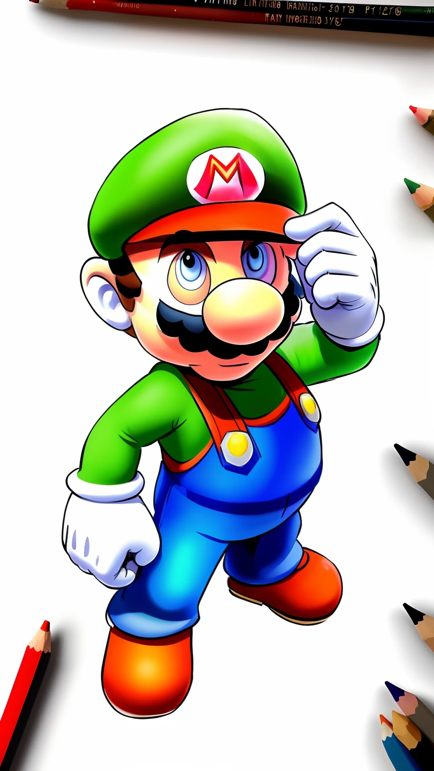 a drawing of a cartoon mario bros character with a hat and glasses, perfect lineart, intense line art, clean lineart, inspired by Mario Dubsky, mario dabbing, portrait of mario, heavy lineart, inspired by Mario Comensoli, super mario portrait, fan artwork of mario, mario as a world war i soldier, sharp lineart