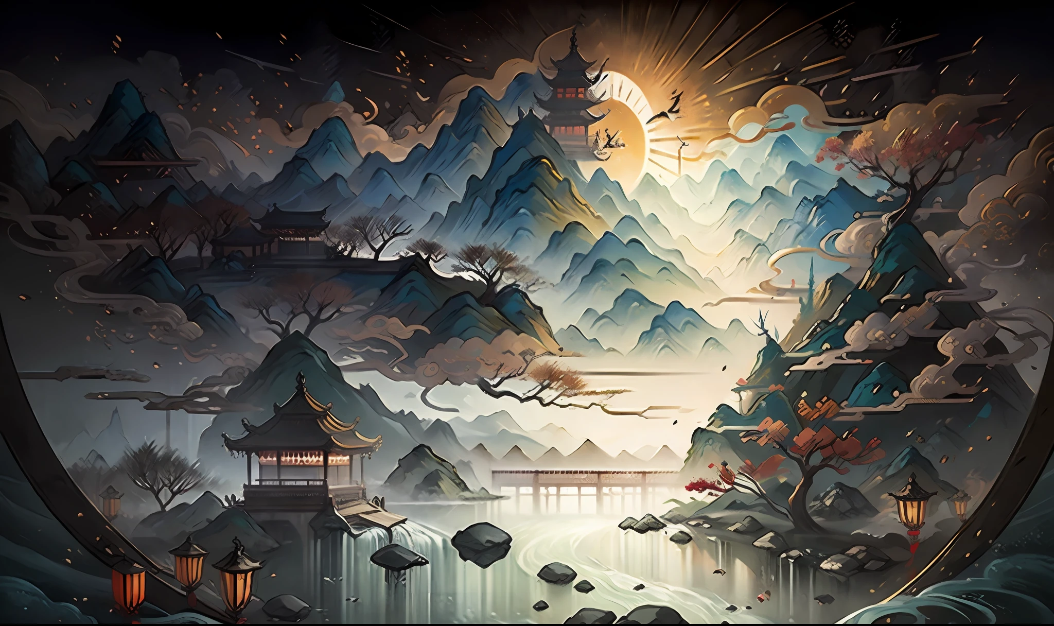 An ancient Chinese painting, ancient Chinese background, mountains, rivers, auspicious clouds, pavilions, sunshine, masterpieces, super detail, epic composition, ultra HD, high quality, extremely detailed, official art, unified 8k wallpaper, Super detail, 32k -- v 6