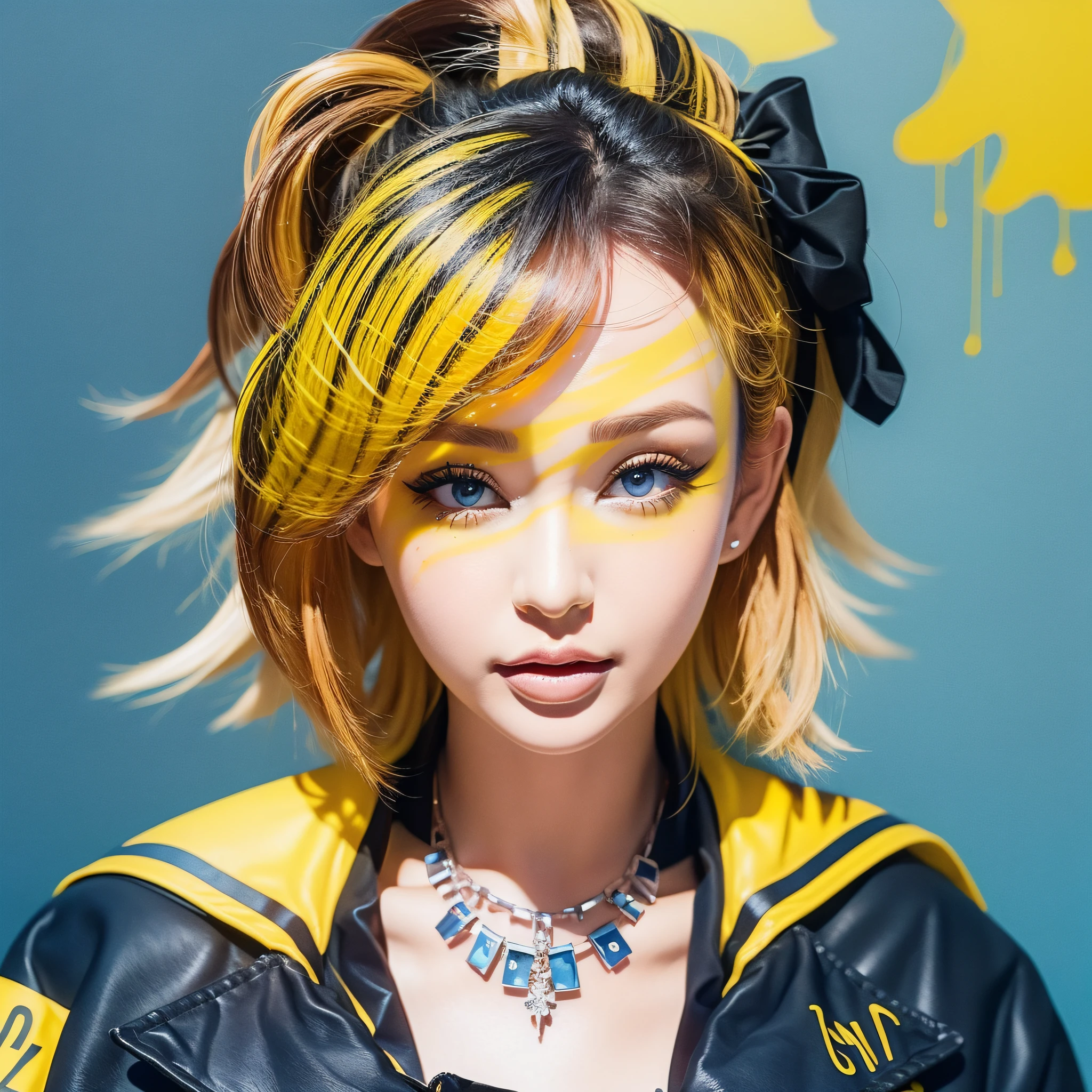 (masterpiece, best quality),a beautiful woman, lipstick, illustration, punk, cd cover art, (((blue and yellow))), portrait, blue background , yellow splashes, graffiti