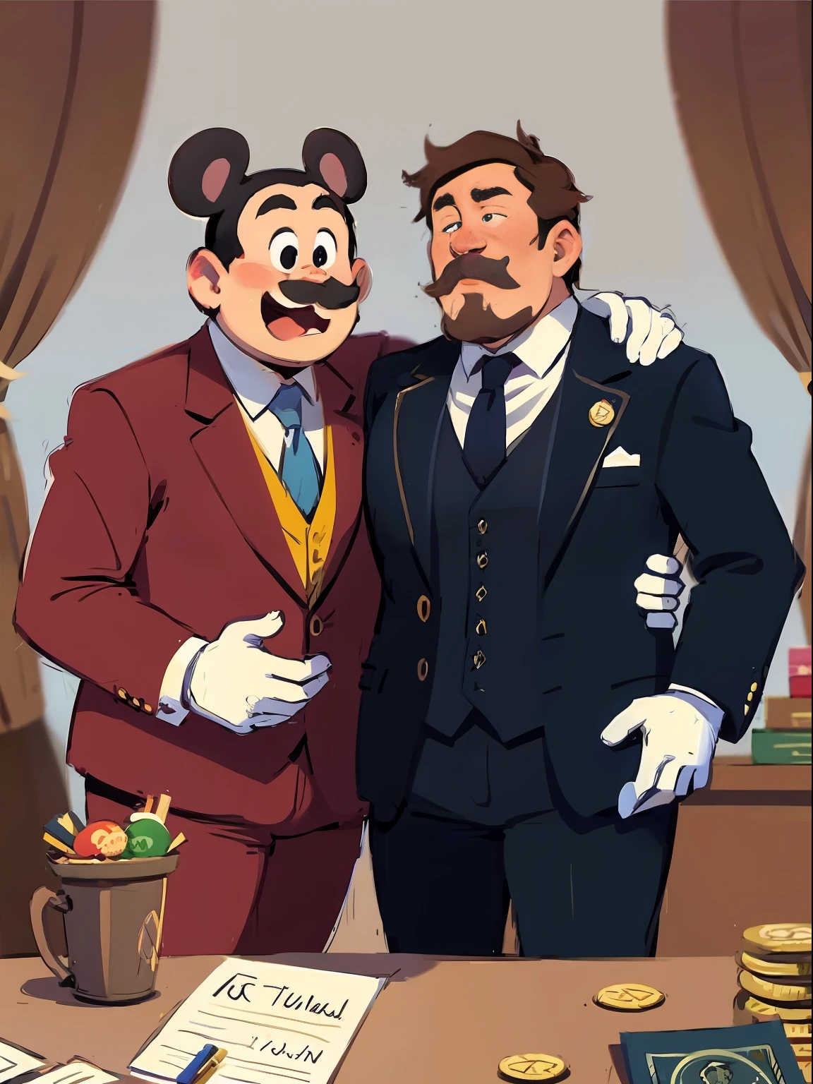 2 obese men,Whole human body,((Give each other gifts)),(((2 Devil Shadows))),big laughter,Caricature,Hand drawing illustration,(Black suit),Vicious villain, Lots of coins,Capitalist plutocrats,Tycoon Ageha,Robber Baron,the gilded age,Smug,greedy,Superiority,Victorian rich,Mickey Mouse's ears,rat's moustache, Preposterous,