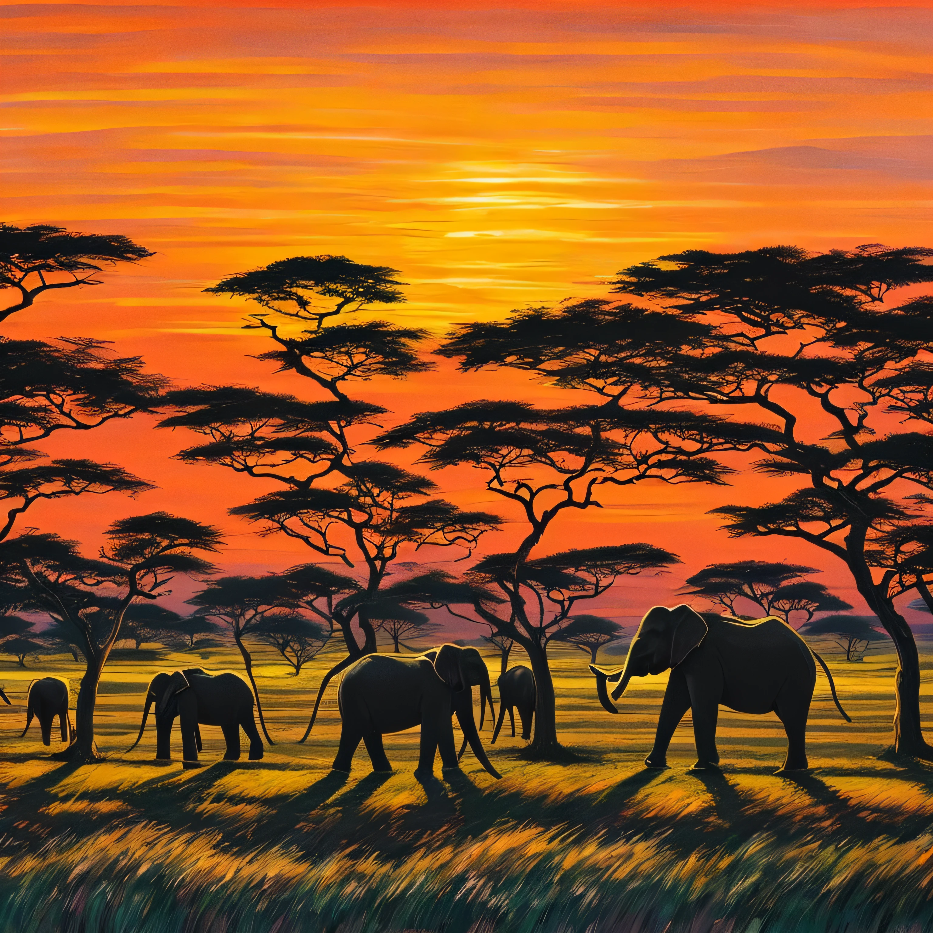 Capture the majestic beauty of an African savannah at dusk，Authentic elephant silhouette，Herds of wild animals, the sky ablaze with the colors of the setting sun. Wide-angle, deep-focus composition. Artist: Andrew Macara. UHD  --ar 9:16 --s 180