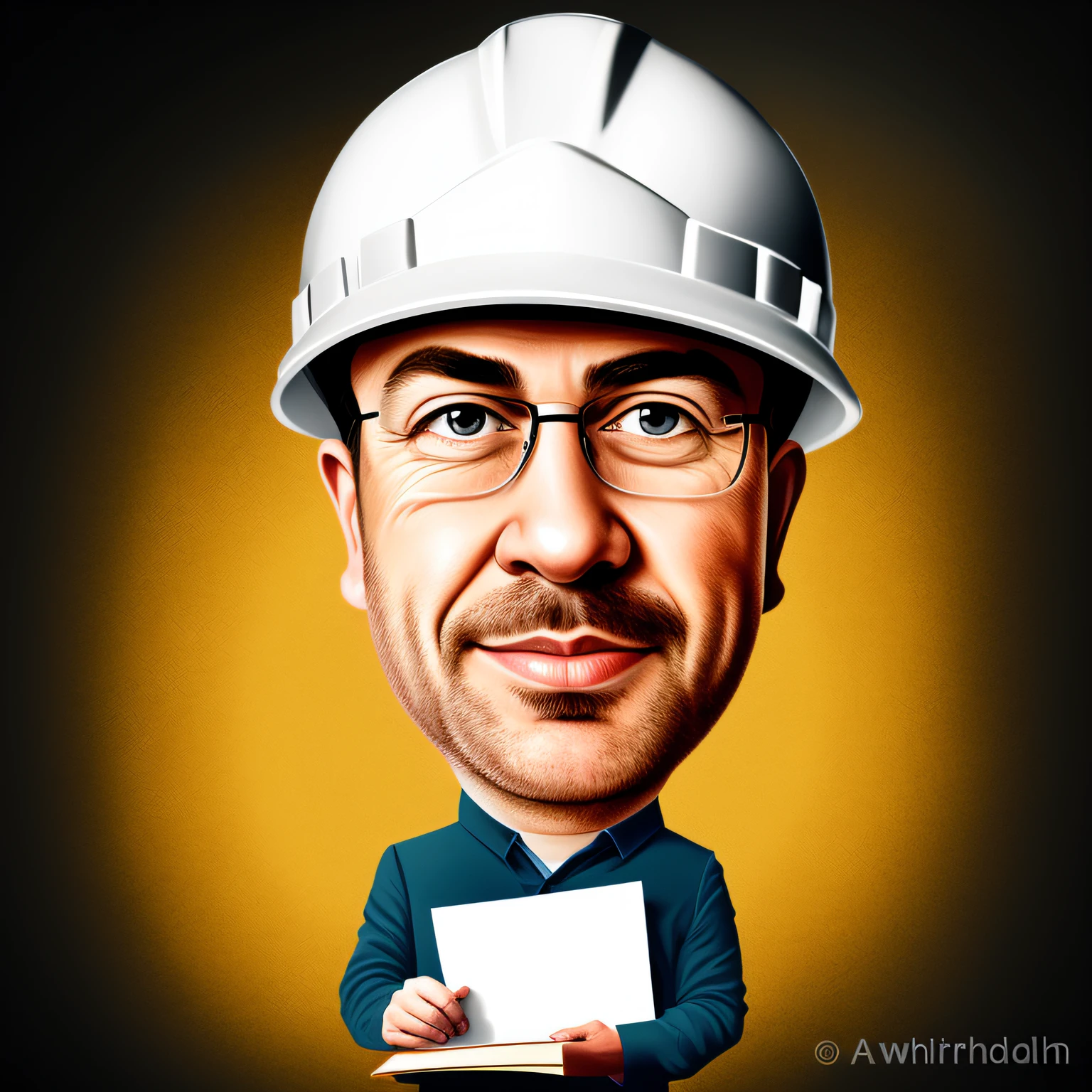 A caricature of a man in a hard hat holding a notebook,