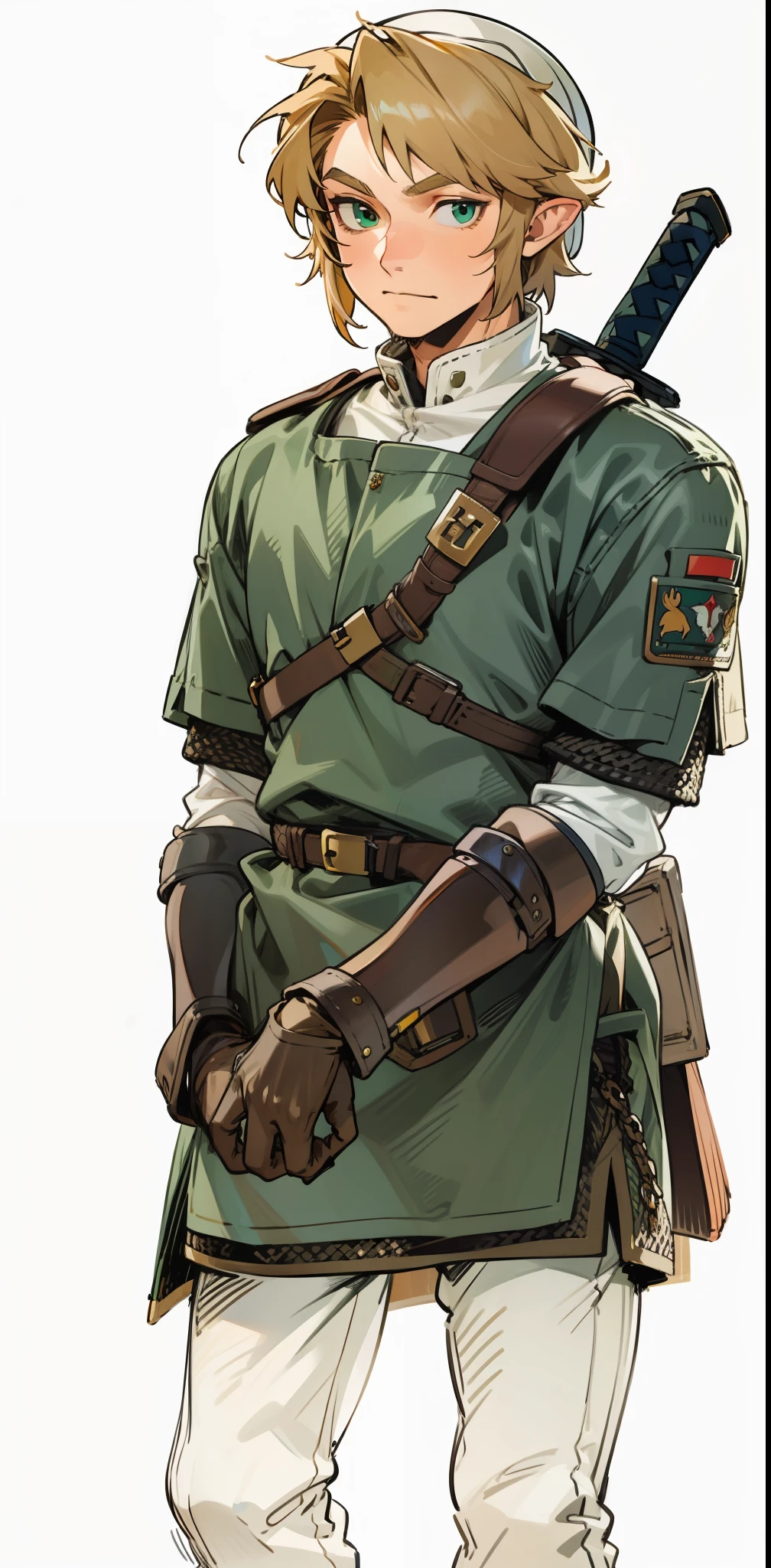 (Link:1)(Warrior:1), (adult man:1.33), standing, green uniform, full body, leather boots, beige pants, (chainmail:1), gloves , (narrow eyebrows:0.33), (confident:1.4), (smiling:0.4),(military hat:1.2), (clenching fists:0.33), (holstered sword on back), arm guards,