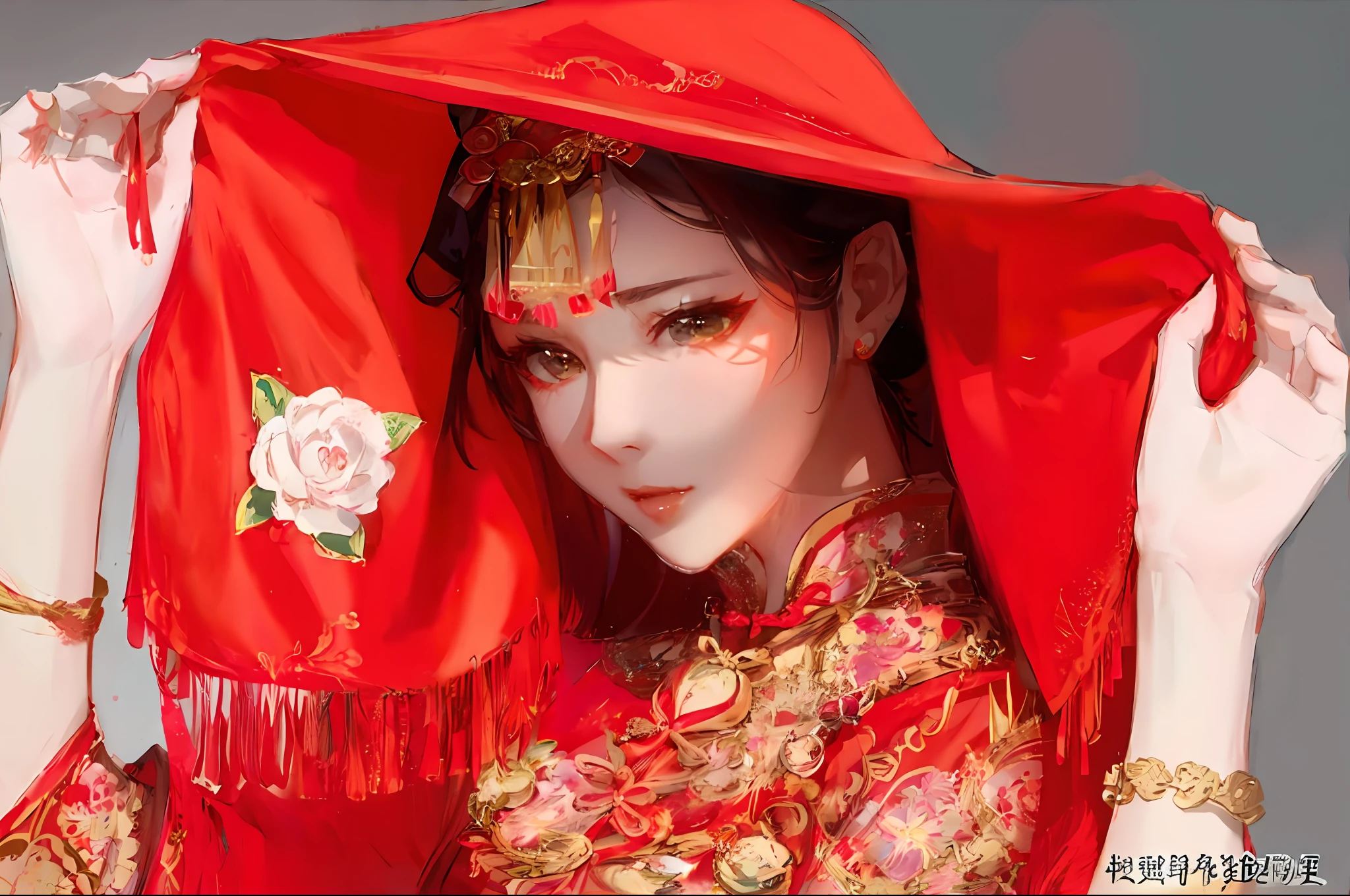 agirl,Deadline hijab,looking into the camera,Blushed shyly,Chinese style, Traditional Chinese clothing, Chinese woman, Chinese costume, with acient chinese clothes, Chinese dress, Li Bingbing, ruan jia beautiful!, Chinese girl, Wearing a red cheongsam, on cheongsam, Wearing ancient Chinese clothes, Chinese princess, fanbingbing