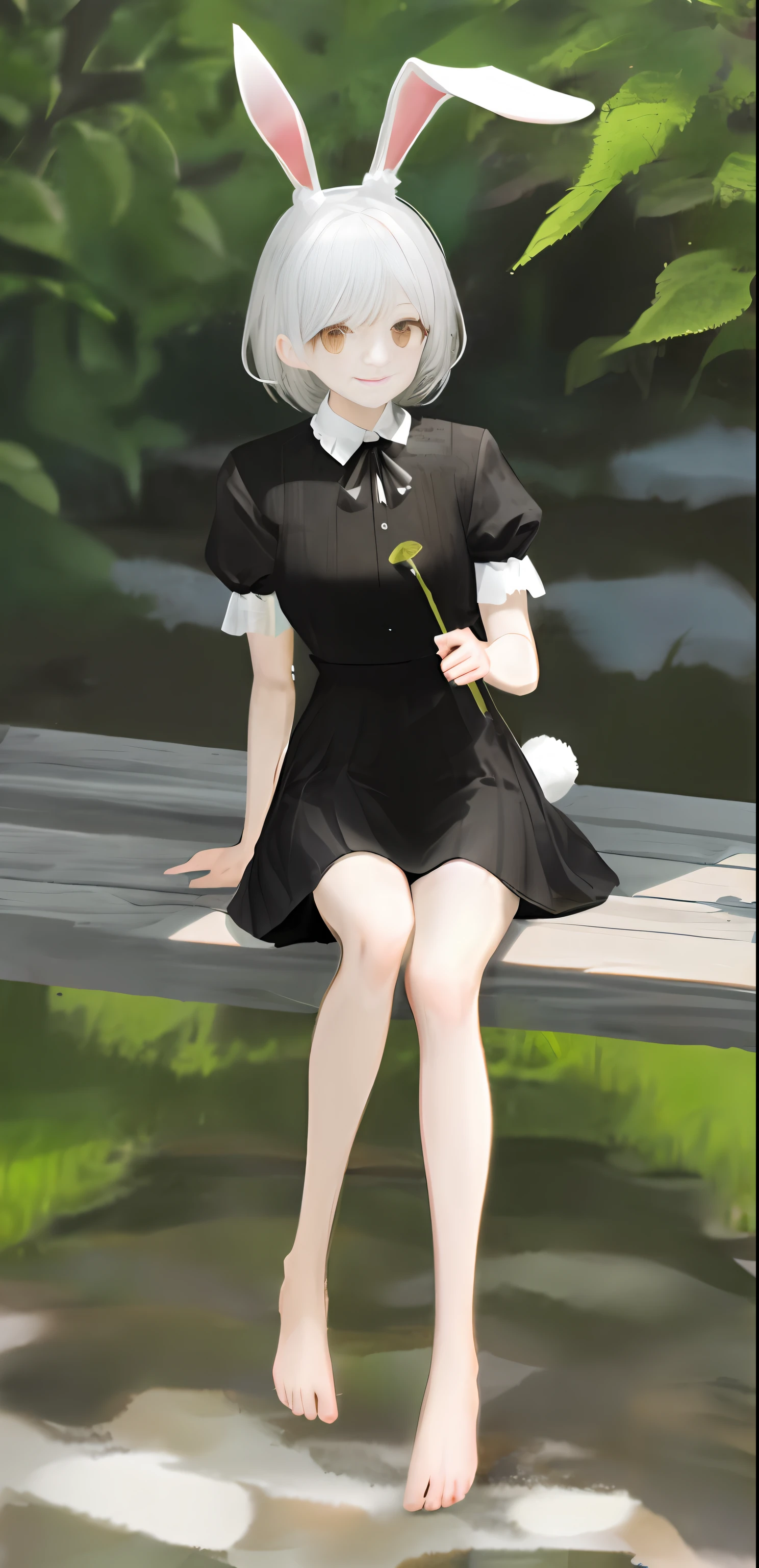 ((masterpiece,best quality)),1girl, solo, animal ears, rabbit, barefoot, knee raised, skirt, sitting position, rabbit ears, short sleeves, looking at viewer, grass, short hair, smiling, white hair, puff sleeves , outdoors, puffy short sleeves, bangs, on the ground, full body, animal, white dress, sunlight, brown eyes, dappled sunlight, daytime, depth of field, wet gorund,