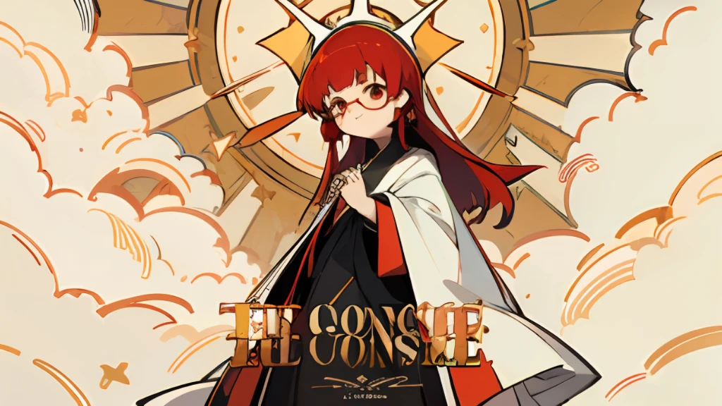 Maste Piece,Best Quality,High quality,Exquisite,Beautiful,Red hair,Glasses,hime-cut,Red eye,girl,Cute,Blunt bangs,20 years old,Chasuble robe,Cross earrings,Full body shot,Petite,straight hai,Half-smile,Slender, country above the clouds,Angel halo,cana