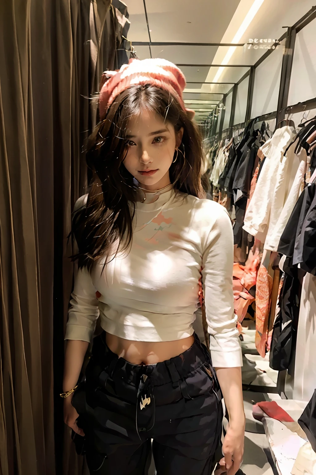 1girl, beautiful, smirk, wearing a red hat, earrings, red camo, red sweatshirt, red leggings, long hair, brown hair, mascara, nose lips, standing, midriff, naval, earrings, (realistic:1.5), cyberpunk, neon city, neon lights, 3d, cgi, volumetric lightning, white sclera, brown eyes