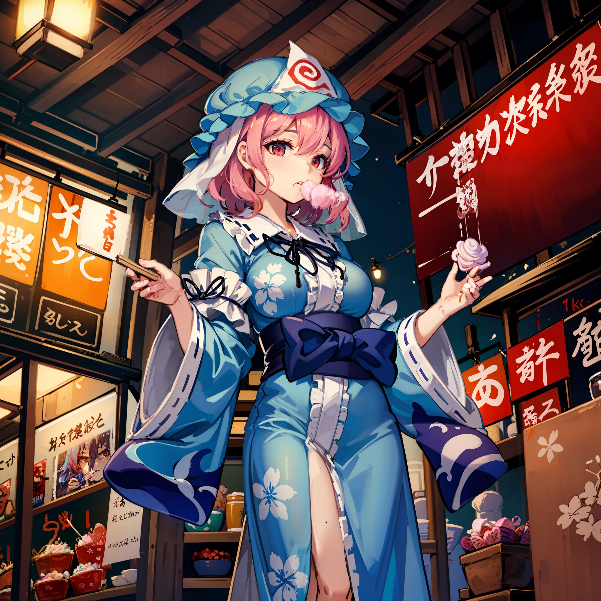 Maste Piece, Fine detail, 4K, 8K, 12K, Solo, One person, Beautiful Girl, caucasian female, Touhou Project Saigyoji. Yuyuko, Yukata, eating cotton candy, Summer Festival, Fireworks