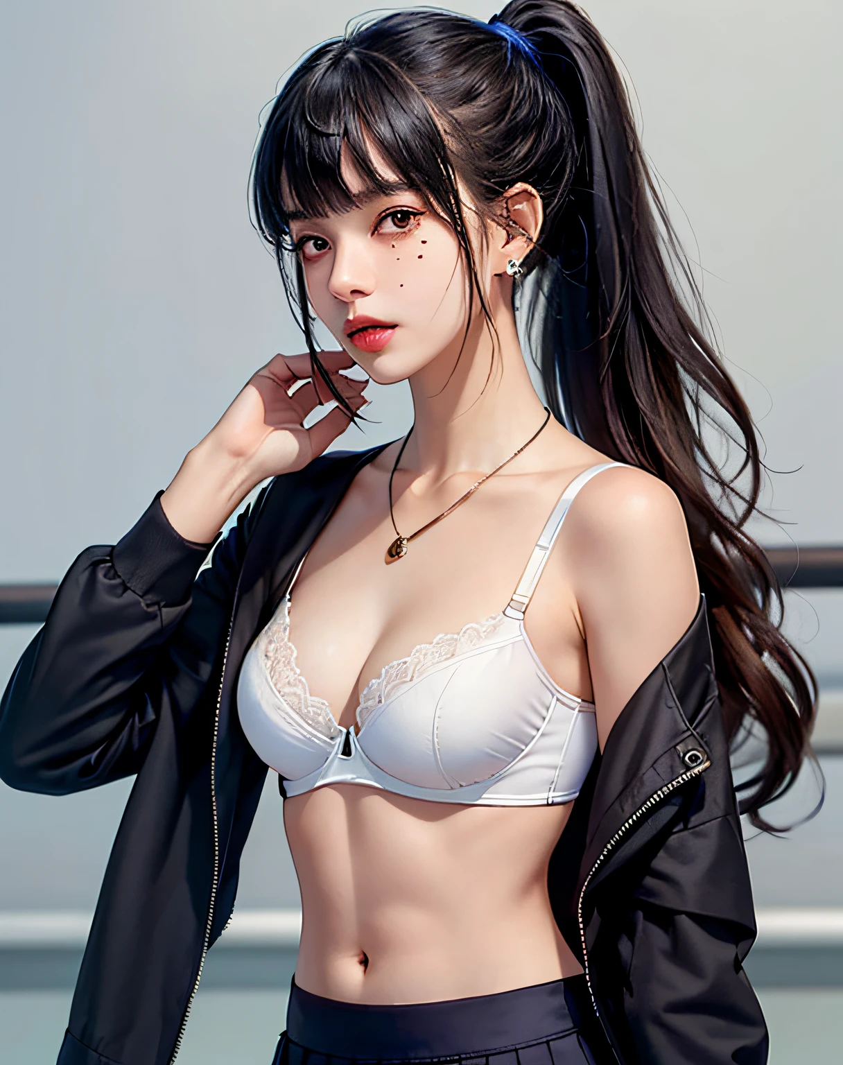 (Masterpiece, Best Quality, 1 Girl, Solo, Intricate Detail, Chromatic Aberration), (Reality), (Skin), 1 Girl Shizuku High Ponytail, ((Middle Breath)), (Brunet, Blunt Bangs), Detailed Hair, Red Heador, Blue Highlight, Hair More Than One Eye, Red Eye, Small Earrings, Sharp Eyes, Necklace, ((Black Crop Top Openwork)), (Symmetrical Eyes), (Perfectly Symmetrical Body), ((Natural Light))), Backlit, against gray walls, dim lighting, standing, (looking at the audience), ((Center shot, from the front, (face and waist) pronounced chest line Deep V realistic, high resolution, 1 girl, black wavy hair, small mole under the eyes, white shirt, black pleated skirt, pronounced chest line, long legs, tight abs, dynamic pose, catwalk Chest line Black pleated skirt Jacket revealing white bra Navel eyes High ponytail