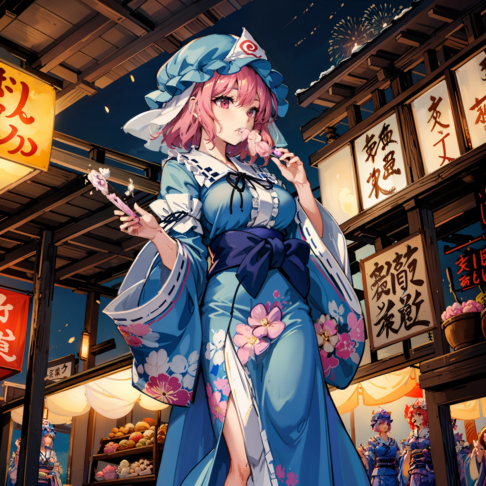 Maste Piece, Fine detail, 4K, 8K, 12K, Solo, One person, Beautiful Girl, caucasian female, Touhou Project Saigyoji. Yuyuko, Yukata, eating cotton candy, Summer Festival, Fireworks