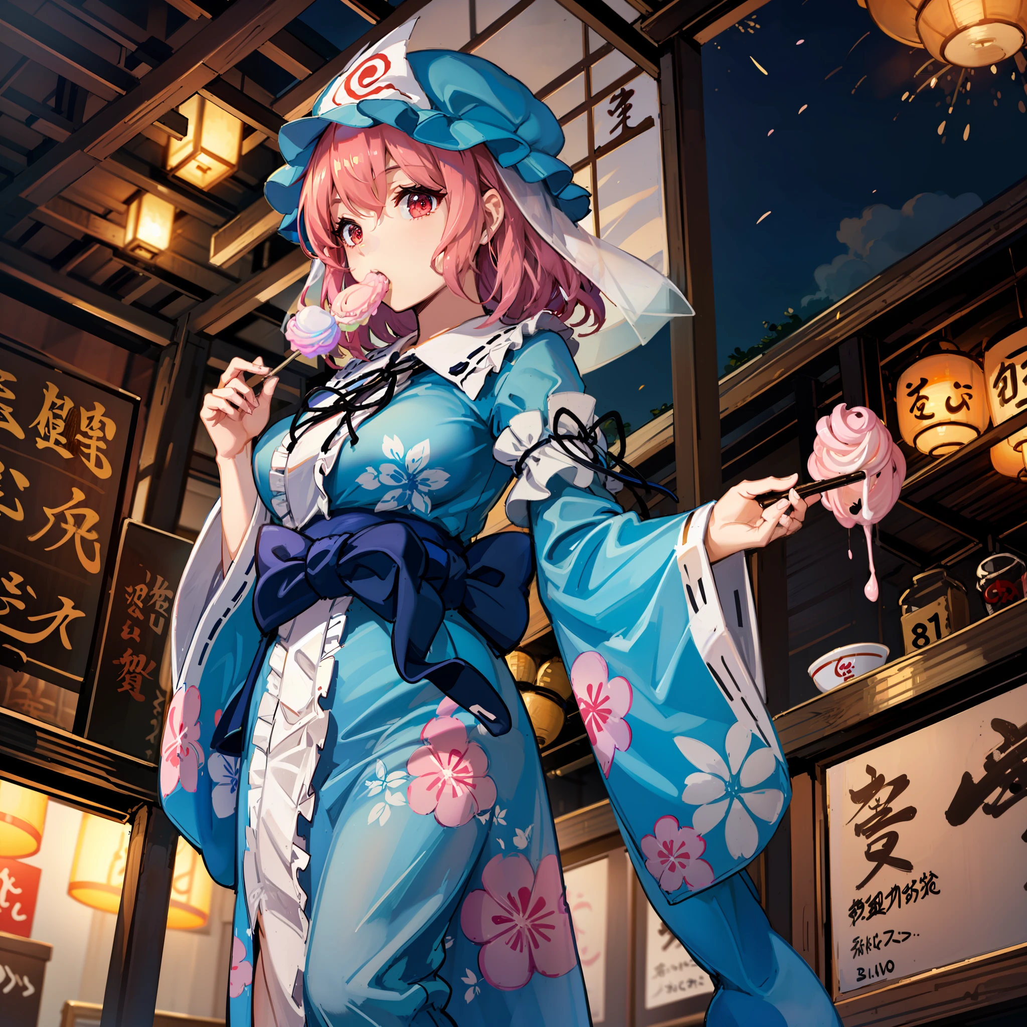 Maste Piece, Fine detail, 4K, 8K, 12K, Solo, One person, Beautiful Girl, caucasian female, Touhou Project Saigyoji. Yuyuko, Yukata, eating cotton candy, Summer Festival, Fireworks