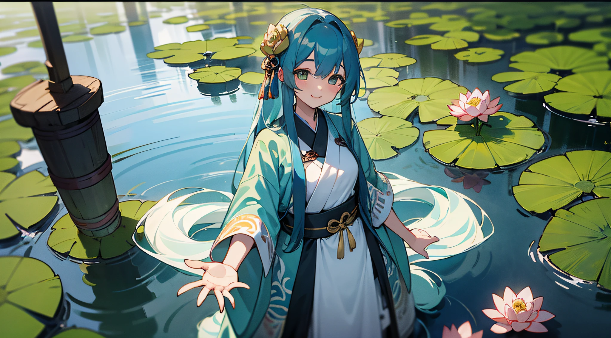 Best Picture Quality((4K,masterpiece,best quality)),Shuimobysim Chinese painting,lotuses,Hanfu,maxiskit,Dress conservatively,A girl with long blue hair,Smile with,Stand in the water,A barefoot。