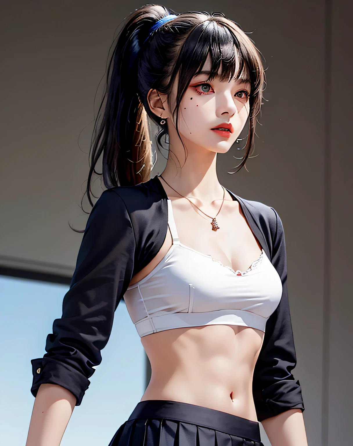 (Masterpiece, Best Quality, 1 Girl, Solo, Intricate Detail, Chromatic Aberration), (Reality), (Skin), 1 Girl Shizuku High Ponytail, ((Middle Breath)), (Brunet, Blunt Bangs), Detailed Hair, Red Heador, Blue Highlight, Hair More Than One Eye, Red Eye, Small Earrings, Sharp Eyes, Necklace, ((Black Crop Top Openwork)), (Symmetrical Eyes), (Perfectly Symmetrical Body), ((Natural Light))), Backlit, against gray walls, dim lighting, standing, (looking at the audience), ((Center shot, from the front, (face and waist) pronounced chest line Deep V realistic, high resolution, 1 girl, black wavy hair, small mole under the eyes, white shirt, black pleated skirt, pronounced chest line, long legs, tight abs, dynamic pose, catwalk Chest line Black pleated skirt Jacket revealing white bra Navel eyes High ponytail