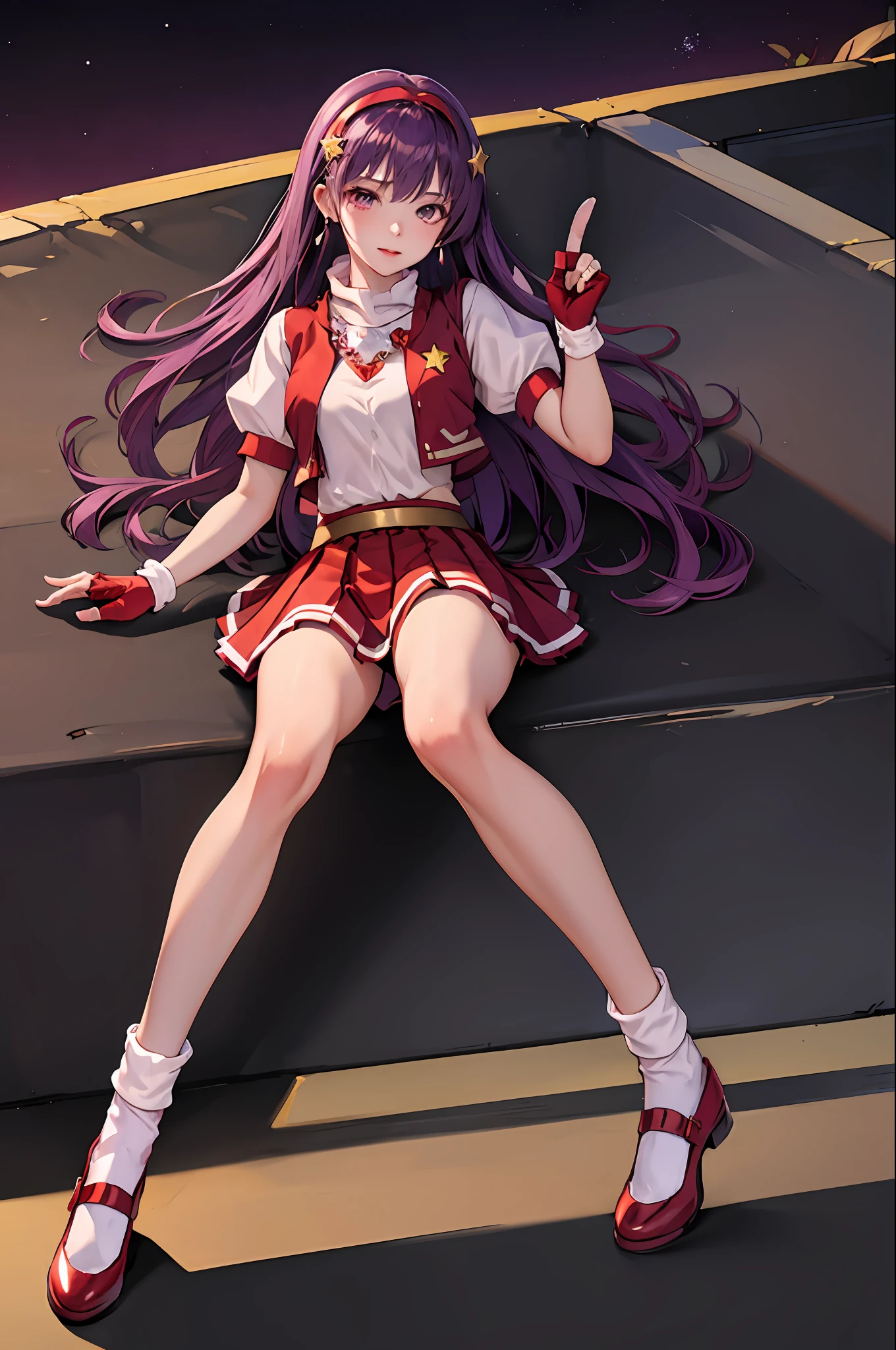 (masterpiece, top quality, best quality, official art, beautiful and aesthetic:1.2), (1girl:1.3), (fractal art:1.3),
solo, athena97,
red shoes,(white socks:1.3),red pantyhose,
purple eyes, purple hair, long hair,red hairband, white turtleneck,white puffy sleeves,red pleated skirt,yellow belt,puple spherical necklace,red fingerless gloves,red open vest,
star hair ornament, earrings
medium breats,short sleeves,lying, crossed legs,
outdoors,city background,closed mouth,