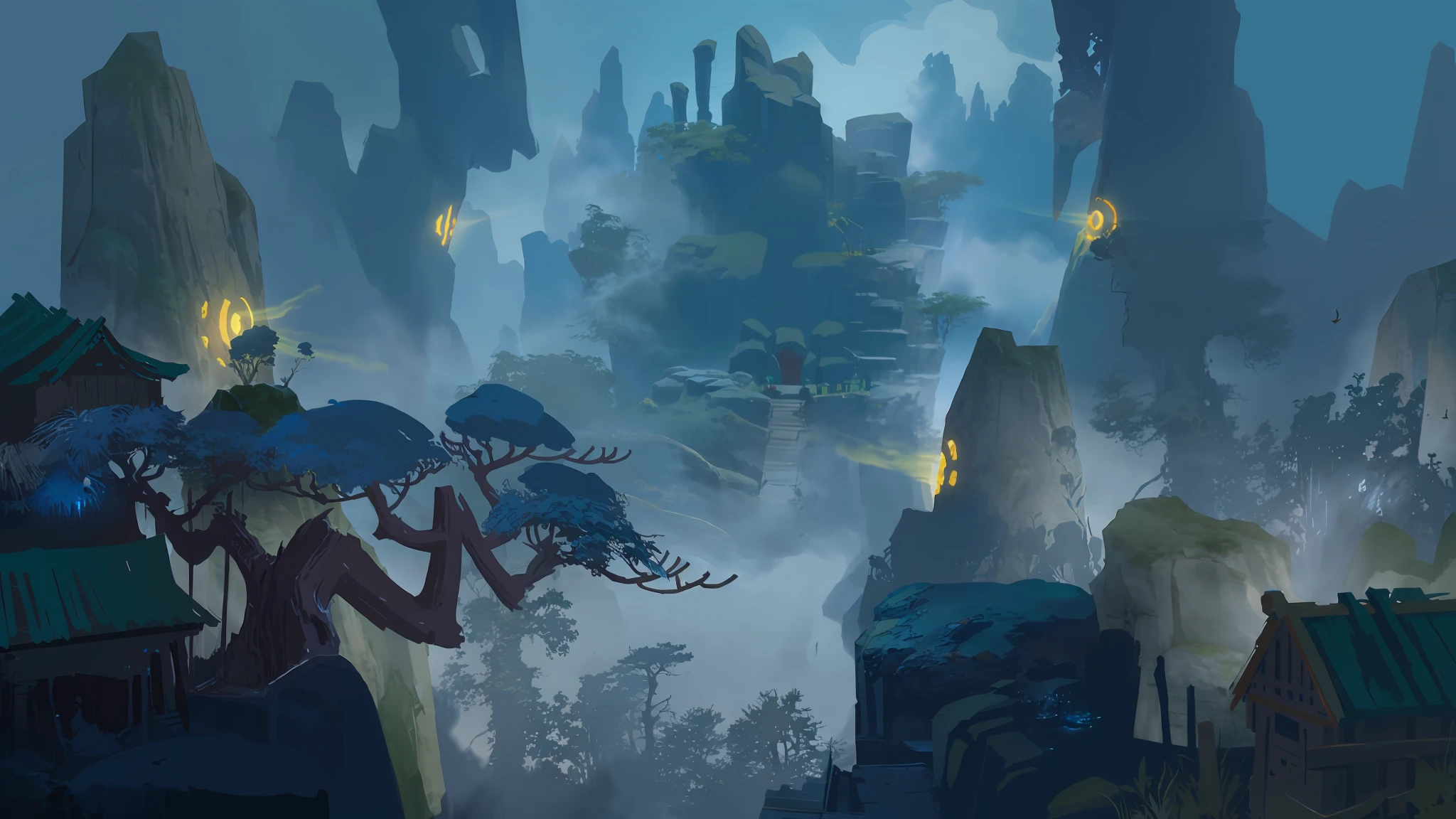There is a painting,The painting is a mountain village with a tree, dota! matte painting concept art, painted as a game concept art, dota matte painting concept art, Stylized concept art, environment concept art, matte painting arcane dota pixar, avatar landscape, painterly concept art, environment concept, concept art for a video game, digital painting concept art