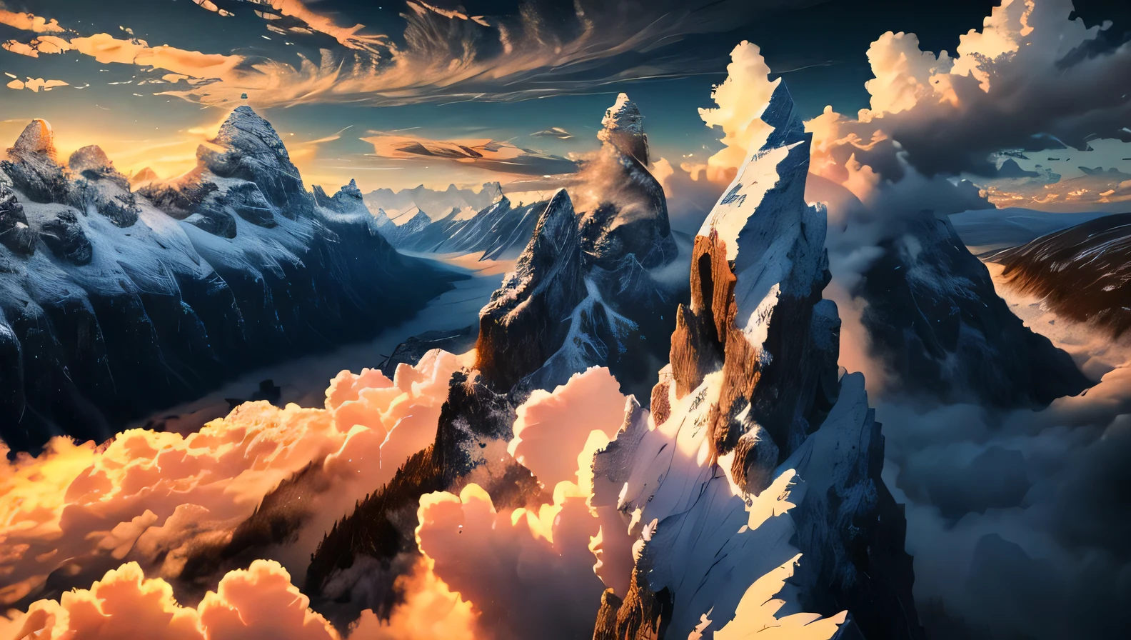 extremely detailed 8k wallpaper,((masterpiece)), (((best quality))), ((ultra-detailed)), (Amazing:1.1), beautiful, nature, sky and ground, heavy wind, line cloud,Light shoot from the cloud, gorge with avalanche