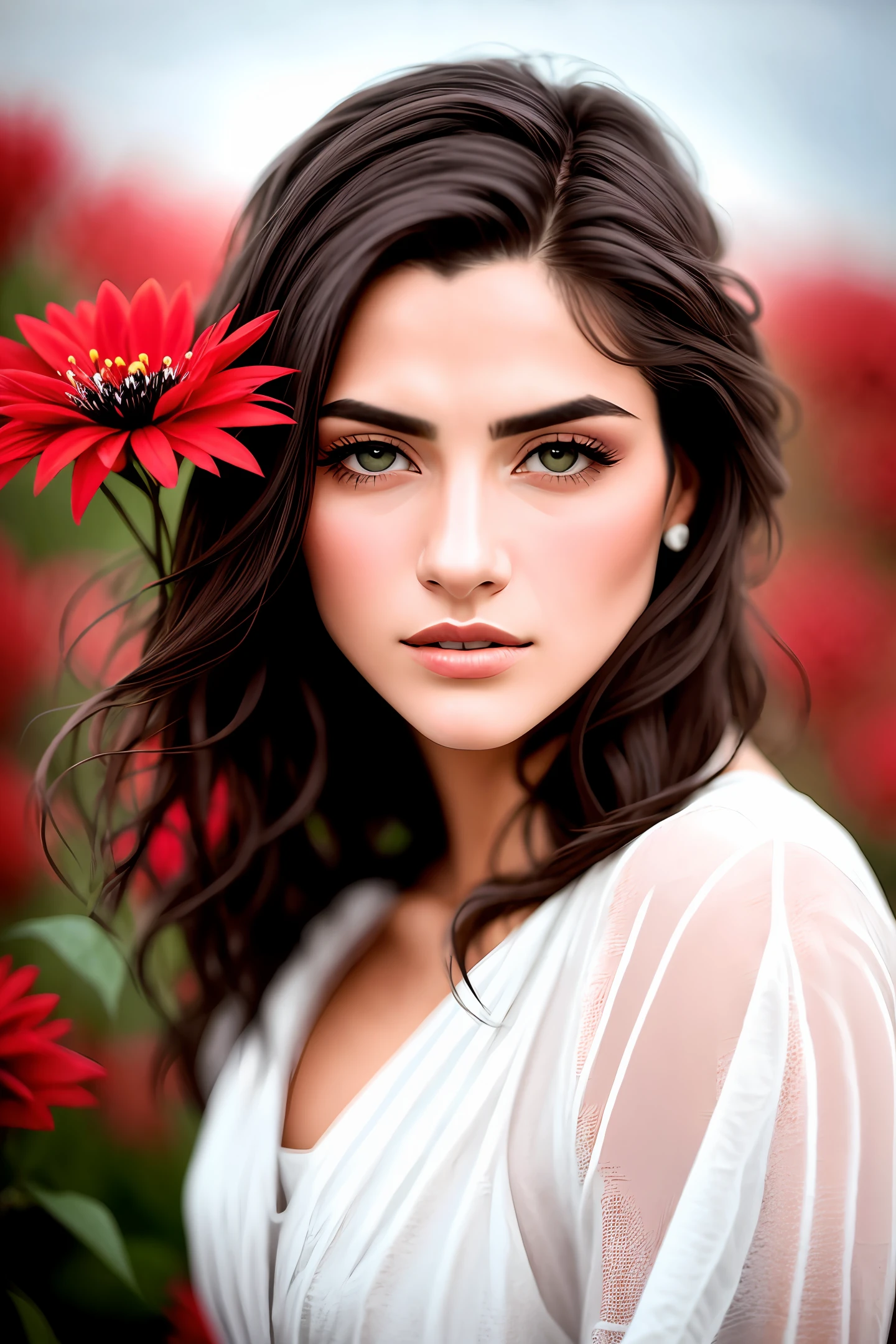 Uma modelo rosto perfeito pele detalhada cabelos castanhos ,olhos azuis ,sensual look flirting with the audience from chest to head with red flowers background ultra realistic photo essay great quality well detailed excellent photorealistic photography masterpiece Canon 50-100 great lighting essay elite models hig definition intricate top model magical atmosphere