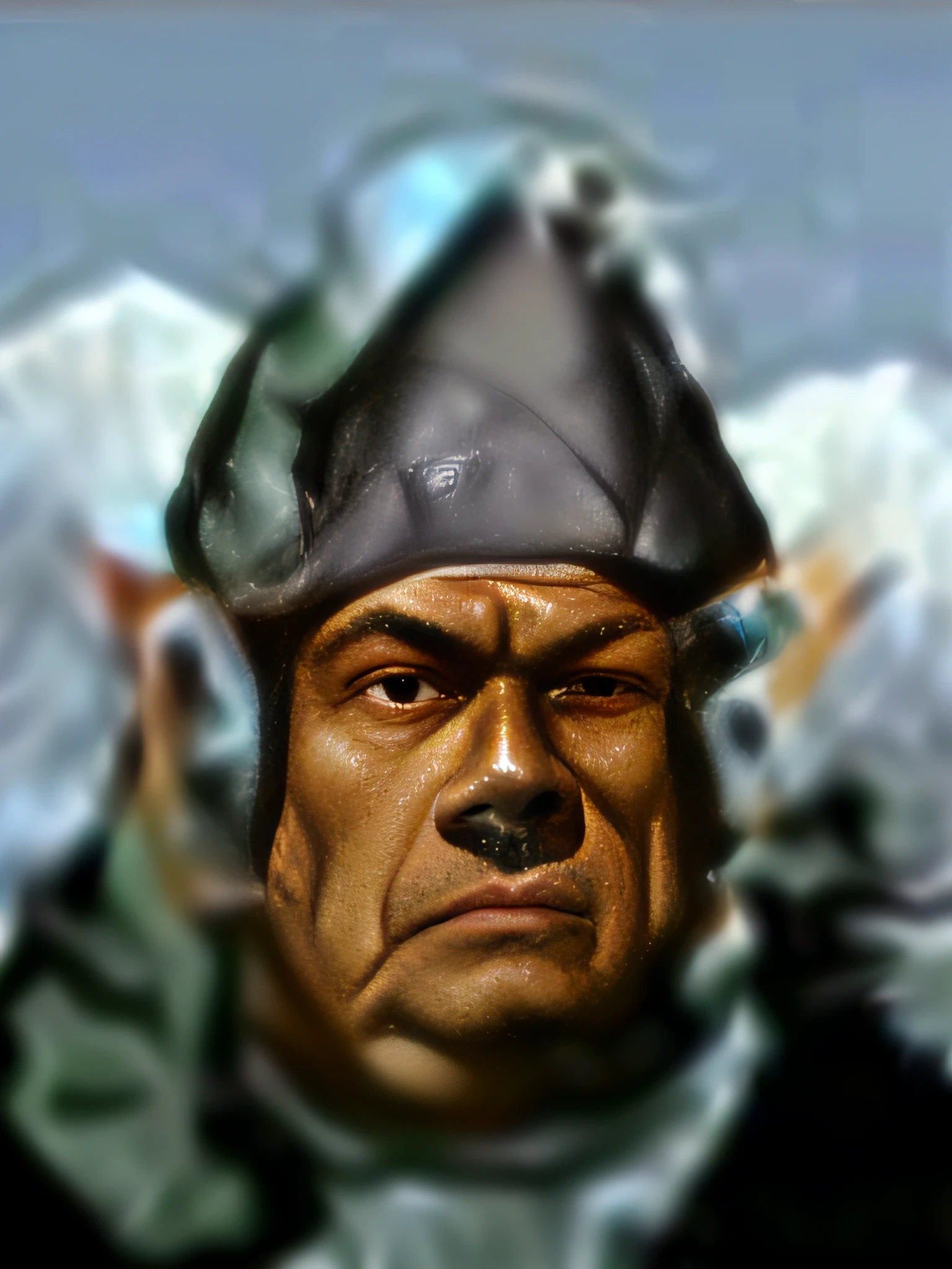 a close up of a man wearing a helmet and a green scarf, baldur's gate character portrait, portrait of a dwarf warrior, orc looking into the camera, portrait of drizzt do'urden, dwarven, medium portrait of a goblin, menacing orc, dwarven, portrait of an orc, Orc symbaroum, ganondorf, half - orc, Orc symbaroum --auto