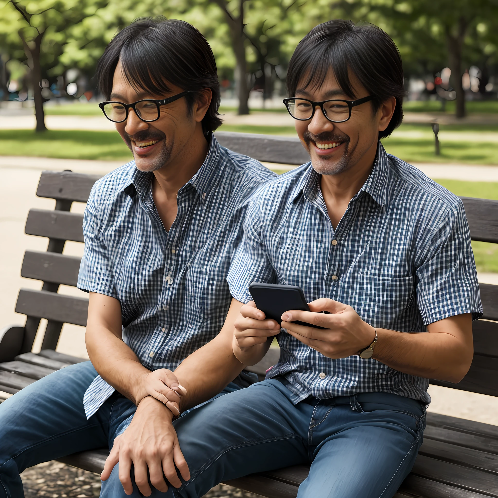 (masterpiece), best quality, ultra high res, approaching perfection, 4k resolution, 8k resolution, highly detailed, fine detail, full of color, intricate detail,
High quality 1man, Japanese middle-aged, wearing glasses, 48yo, slim figure, navy gingham check short sleeve shirt, jeans, center parted hair, grizzled black short hair, messy hair, hunchback, sitting on a park bench, (detailed face),holding a smartphone in one hand, to grin,
