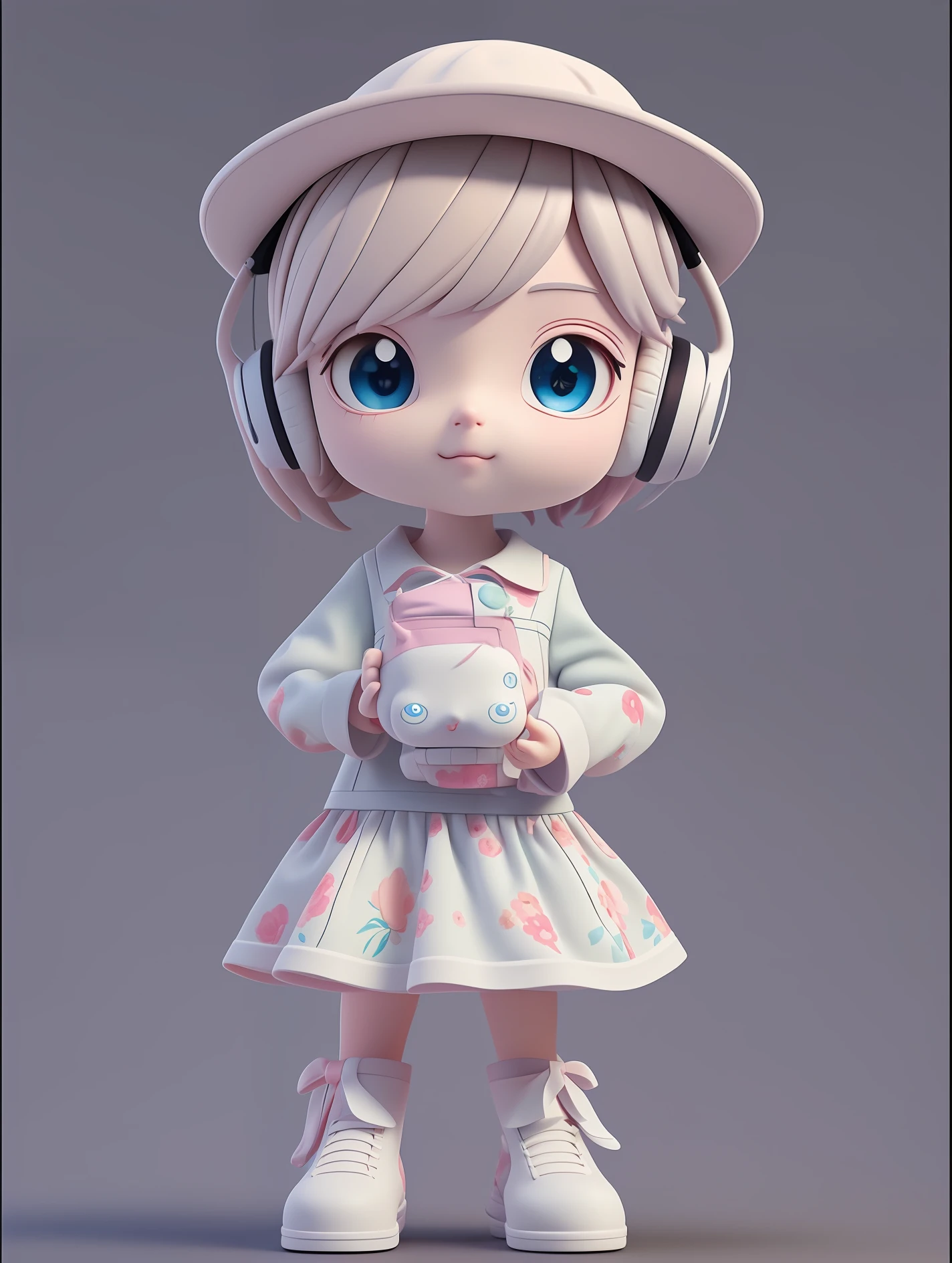 a Super cute girl ,Wearing a floral dress,wearing boots,Wearing a hat and earphones,Big watery eyes,Full body,see viewer,Open hands,MD clothing, clothing wrinkles,Clean background,Dreamy,Excited,Super cute girl IP is popular,Bubble Mart ,High detail ,hyperquality,Bright color,mockup blind box toy,Disney style ,fine luster,a 3D render,OC Render,Best quality ,bright,Front lighting,Face shot,fine luster,ultra detoiled ,8K