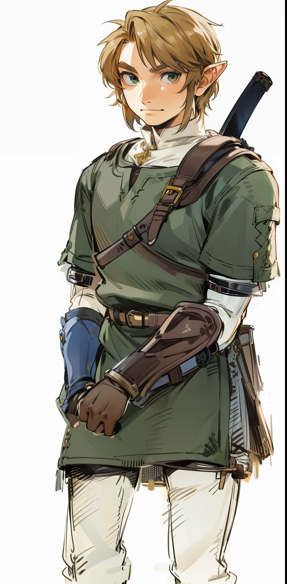 (Link:1)(Warrior:1), (adult man:1.33), standing, green uniform, full body, leather boots, beige pants, (chainmail:1), gloves , (narrow eyebrows:0.33), (confident:1.4), (smiling:0.4), (clenching fists:0.33), (holstered sword on back), arm guards,