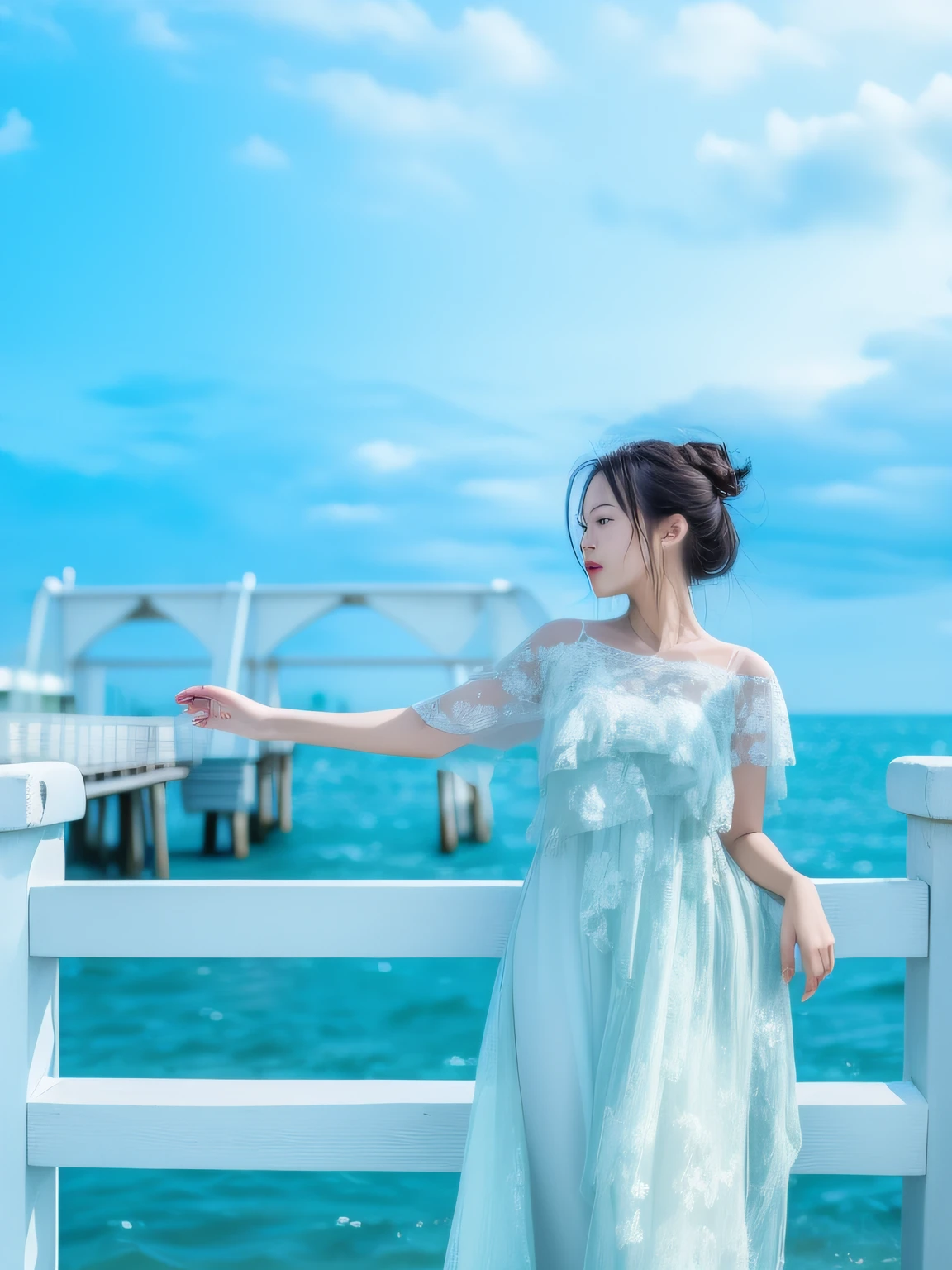 woman in a white dress standing on a pier with her arms outstretched, near a jetty, sky - blue dress, at the seaside, standing beside the ocean, light blue dress portrait, girl looking at the ocean waves, the ocean in the background, queen of the sea mu yanling, On the sea, lady, the ocean in the background