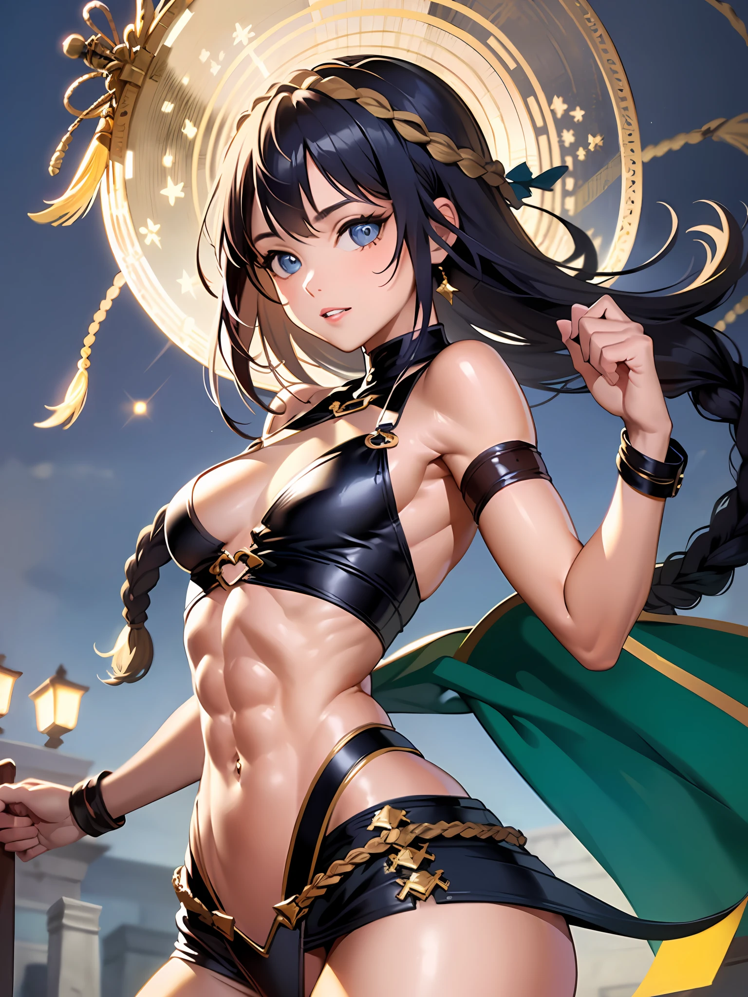 (masterpiece, best quality, ultra-detailed), (dark night), (mysterious), (Stonehenge), (full moon), 1girl,((a dancing girl)), (Japanese girl),(skimpy),(exibitionist), (braid),(full body),(small breasts), (attractive thighs), (abs), (colorful decorations), floating, (dynamic angle:1.2), (best illumination:1.1),(best shadow:1.1), white balance, (very detailed face), (detailed beautiful eyes)