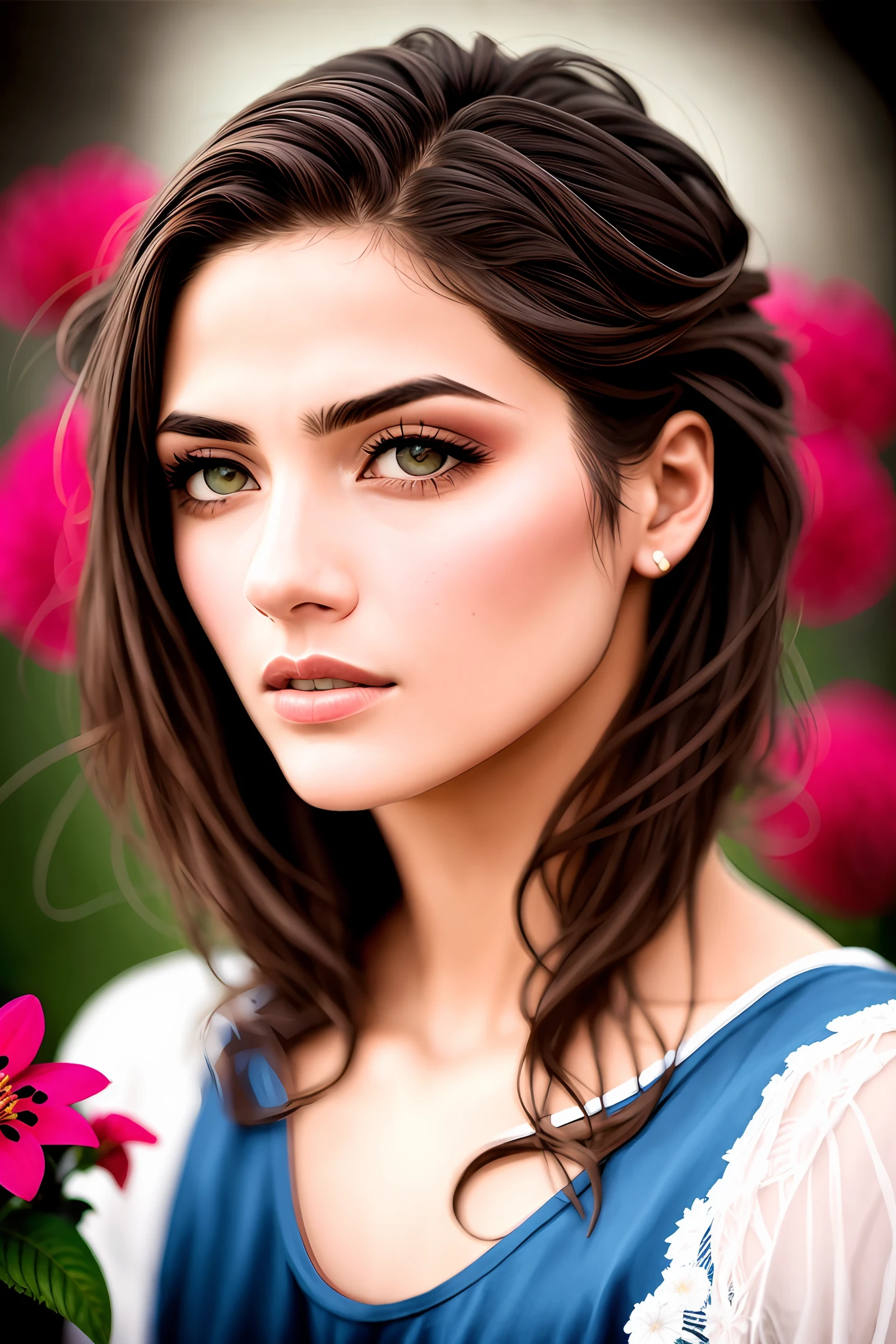Uma modelo rosto perfeito pele detalhada cabelos castanhos ,olhos azuis ,sensual look flirting with the audience from chest to head with red flowers background ultra realistic photo essay great quality well detailed excellent photorealistic photography masterpiece Canon 50-100 great lighting essay elite models hig definition intricate top model magical atmosphere