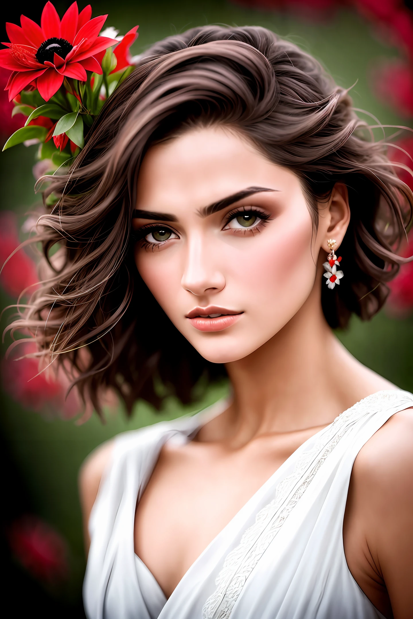 Uma modelo rosto perfeito pele detalhada cabelos castanhos ,olhos azuis ,sensual look flirting with the audience from chest to head with red flowers background ultra realistic photo essay great quality well detailed excellent photorealistic photography masterpiece Canon 50-100 great lighting essay elite models hig definition intricate top model magical atmosphere