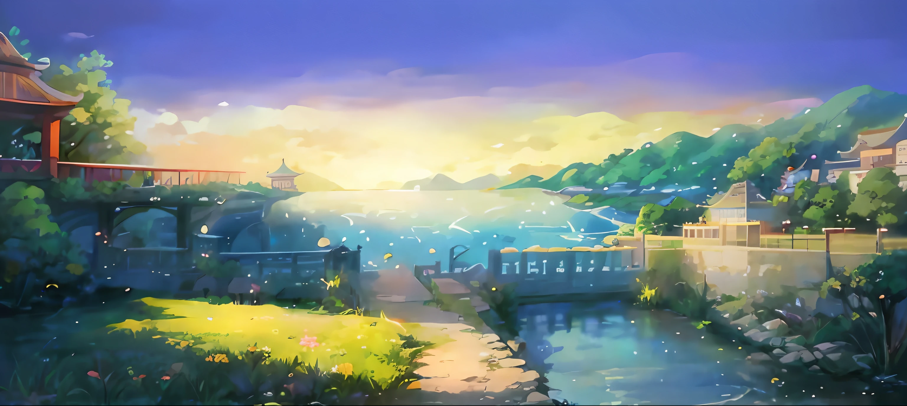painting of a river with a bridge and a pagoda in the background, Mobile game background, background artwork, Lake background, Detailed scenery —width 672, arte de fundo, beautiful lake background, game background, Anime landscape wallpaper, scenery wallpaper, palace background, island background, Park background, peaceful landscape, scenery wallpaper, scenery artwork, water landscape, anime landscape