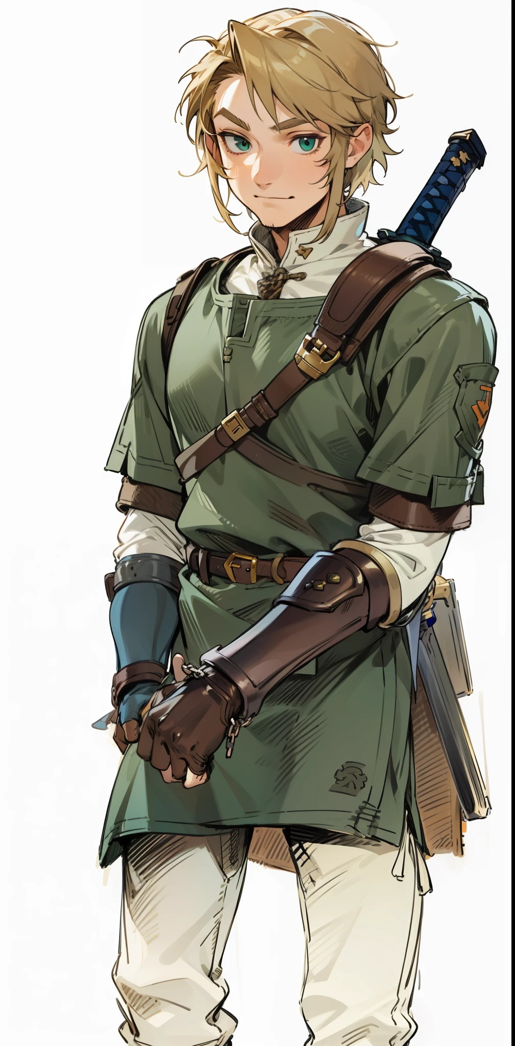 (Link:1)(Warrior:1), (adult man:1.33), standing, green uniform, full body, leather boots, beige pants, (chainmail:1), gloves , (narrow eyebrows:0.33), (confident:1.4), (smiling:0.4), (clenching fists:0.33), (holstered sword on back), arm guards,