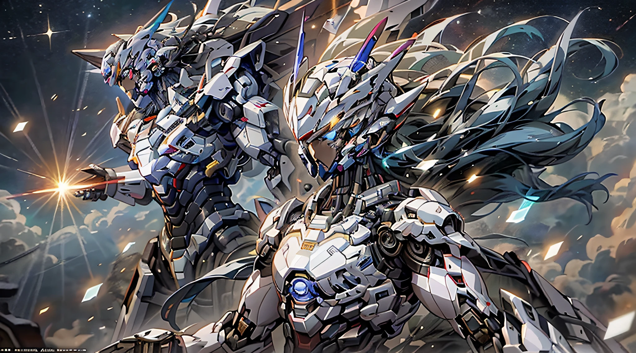 anime - style artwork of two robots fighting in a space, high detailed official artwork, anime robotic mixed with organic, mecha art, cool mecha style, alexandre ferra white mecha, mecha asthetic, complex cybernetic beings, advanced digital anime art, Alexander Ferra Mecha, Detailed digital anime art, Official artwork, modern mecha anime