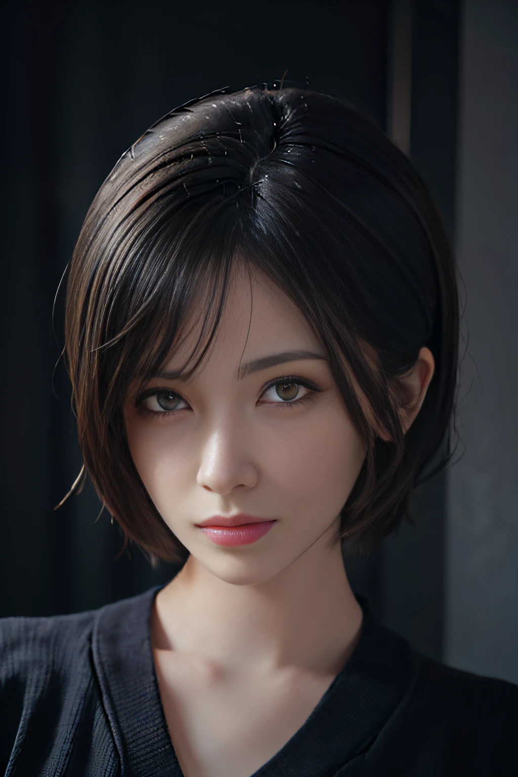 (masterpiece:1.3), (8k, photorealistic, RAW photo, best quality: 1.4), (1girl), beautiful face, (realistic face), (black hair, short hair:1.3), beautiful hairstyle, realistic eyes, beautiful detailed eyes, (realistic skin), beautiful skin, (sweater), absurdres, attractive, ultra high res, ultra realistic, highly detailed, golden ratio