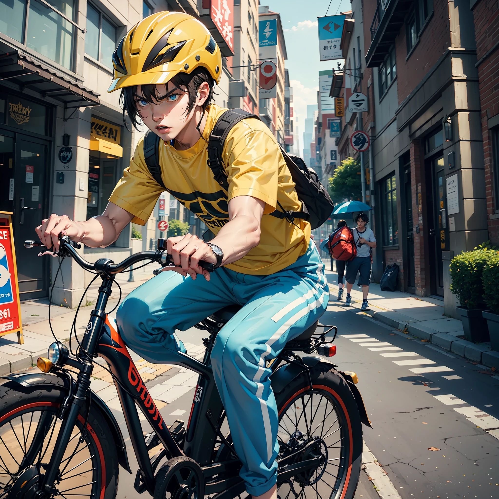 A handsome delivery guy,solo,Black hair,Blue eyes,Yellow takeaway T-shirt,Black sleeve guards,Yellow helmet,(Make a chest beating motion),(Expression of anger),(The look is fierce),There is a takeaway two-wheeled electric car next to it,Surrounded by several walking passers-by,Background bokeh,(masterpaintings)