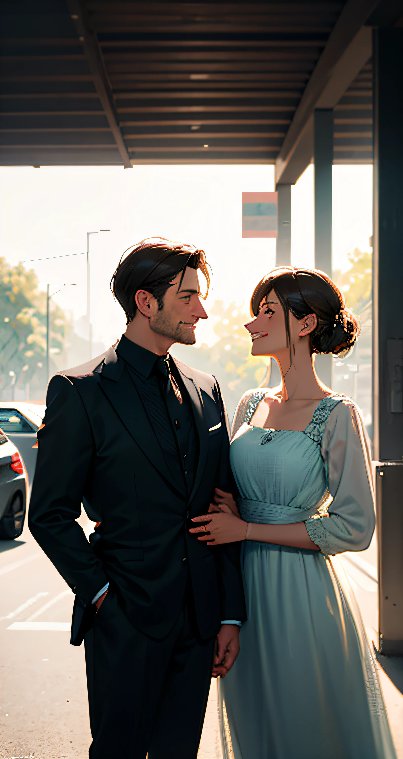 masterpaintings,optimal quality,A man and a woman stand face to face in the parking lot,Bright and happy,gentlesoftlighting