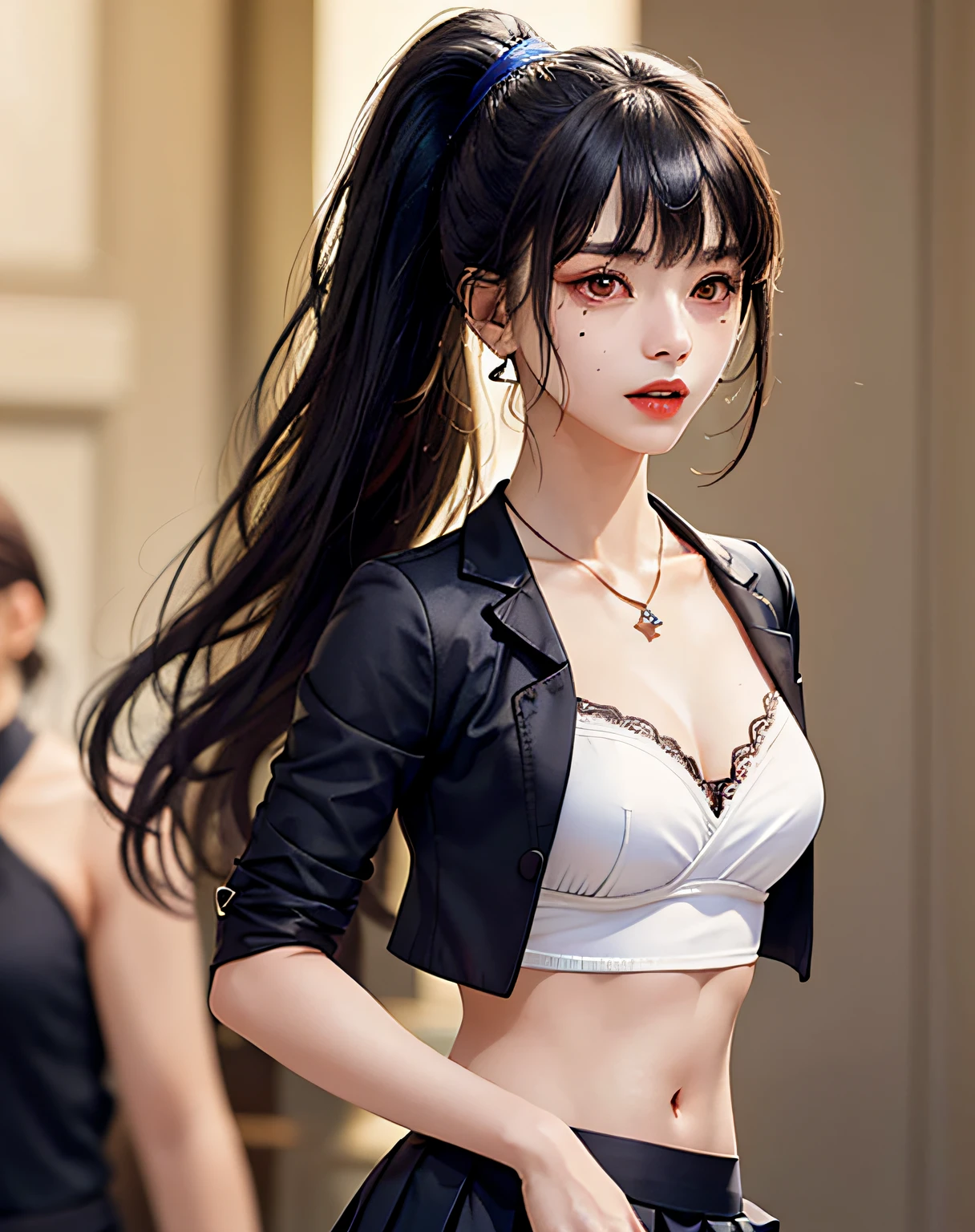(Masterpiece, Best Quality, 1 Girl, Solo, Intricate Detail, Chromatic Aberration), (Reality), (Skin), 1 Girl Shizuku High Ponytail, ((Middle Breath)), (Brunet, Blunt Bangs), Detailed Hair, Red Heador, Blue Highlight, Hair More Than One Eye, Red Eye, Small Earrings, Sharp Eyes, Necklace, ((Black Crop Top Openwork)), (Symmetrical Eyes), (Perfectly Symmetrical Body), ((Natural Light))), Backlit, against gray walls, dim lighting, standing, (looking at the audience), ((Center shot, from the front, (face and waist) pronounced chest line Deep V realistic, high resolution, 1 girl, black wavy hair, small mole under the eyes, white shirt, black pleated skirt, pronounced chest line, long legs, tight abs, dynamic pose, catwalk Chest line Black pleated skirt Jacket revealing white bra Navel eyes High ponytail
