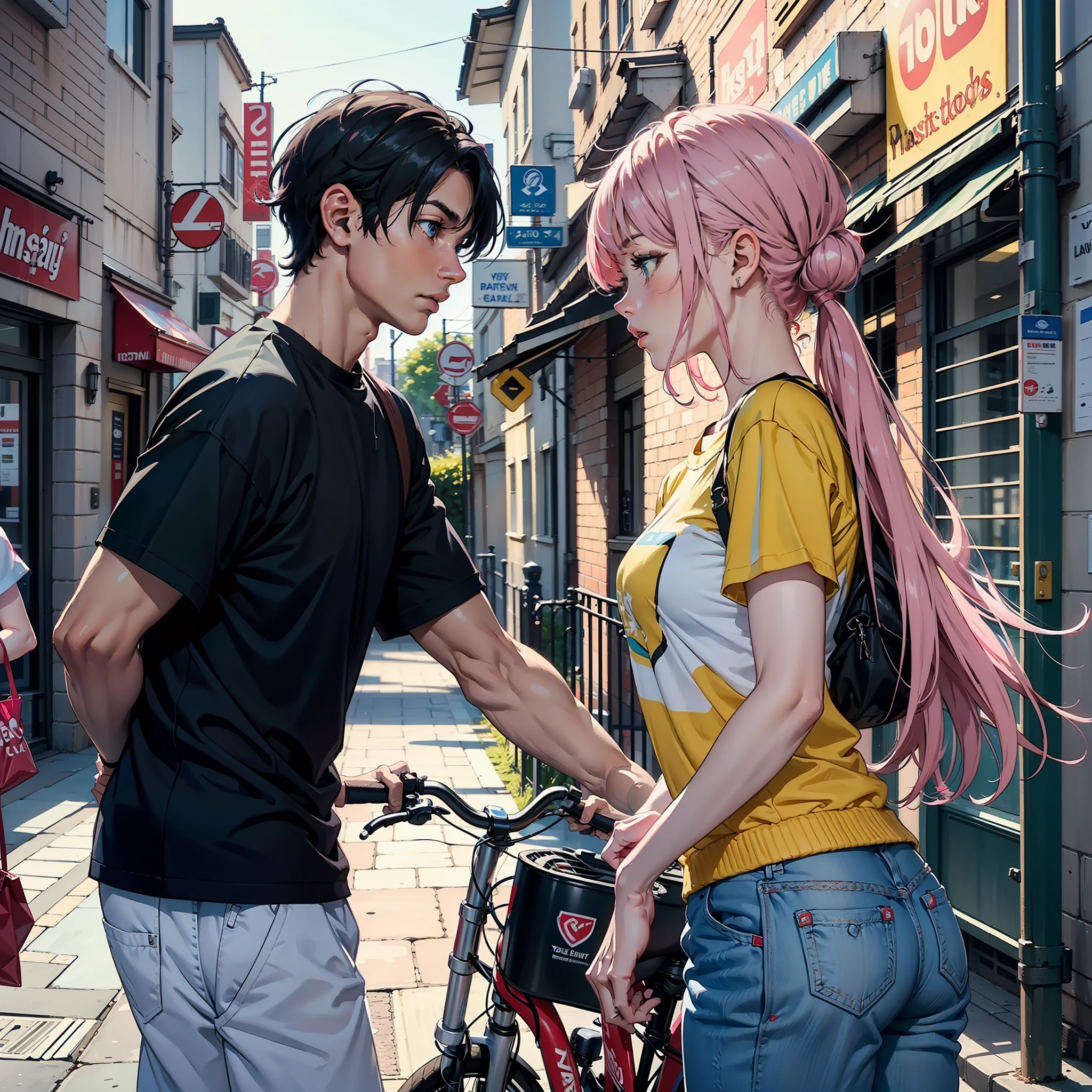 one with black hair,Blue eyes,The delivery guy in a yellow takeaway T-shirt talks to a girl with pink hair,The pink-haired girl slapped away the delivery boy's hand,(The expression is cold),(a backdrop of:University gates),(masterpaintings)