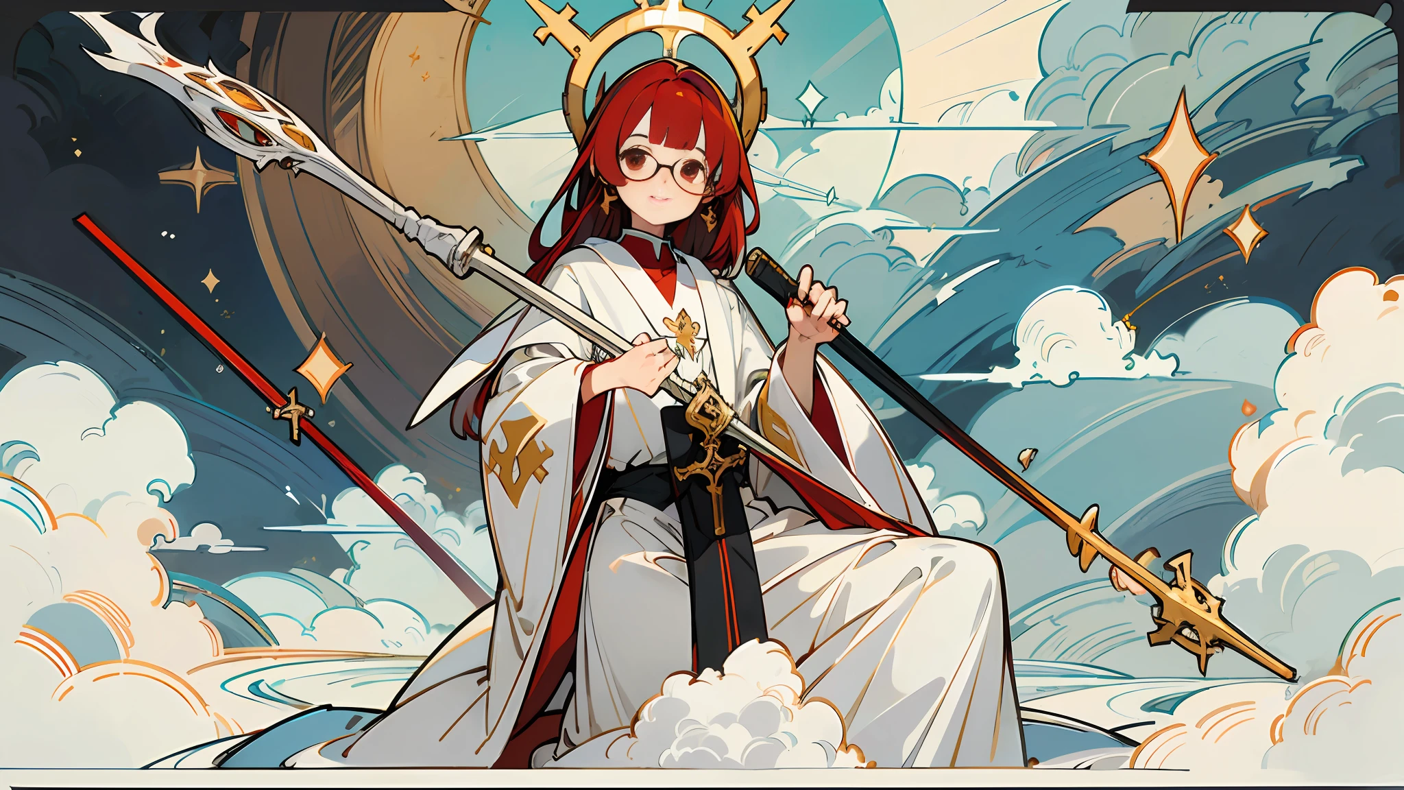 masterpiece,best quality,high quality,exquisite,beautiful,red hair,glasses,hime cut,red eye,girl,cute,blunt bangs,20 years old,Chasuble robe,cross earrings,full body shot,petite,straight hai,Half-smile,slender,
country above the clouds,angel halo,cane