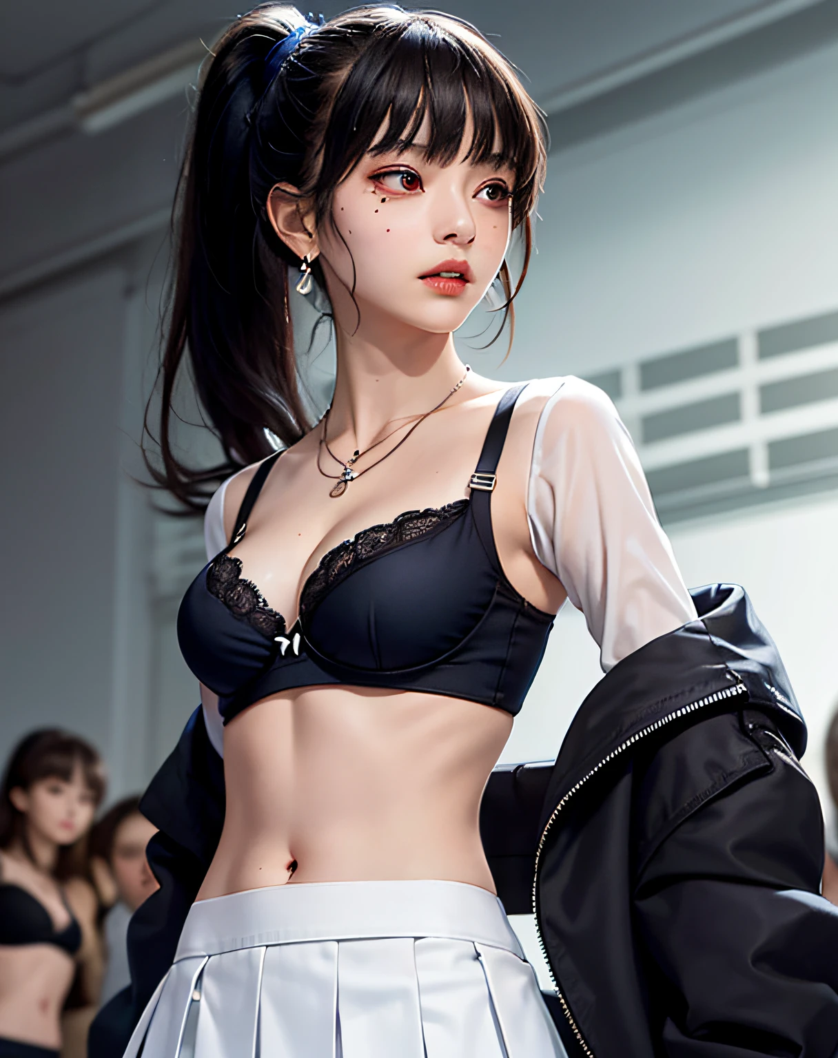 (Masterpiece, Best Quality, 1 Girl, Solo, Intricate Detail, Chromatic Aberration), (Reality), (Skin), 1 Girl Shizuku High Ponytail, ((Middle Breath)), (Brunet, Blunt Bangs), Detailed Hair, Red Heador, Blue Highlight, Hair More Than One Eye, Red Eye, Small Earrings, Sharp Eyes, Necklace, ((Black Crop Top Openwork)), (Symmetrical Eyes), (Perfectly Symmetrical Body), ((Natural Light))), Backlit, against gray walls, dim lighting, standing, (looking at the audience), ((Center shot, from the front, (face and waist) pronounced chest line Deep V realistic, high resolution, 1 girl, black wavy hair, small mole under the eyes, white shirt, black pleated skirt, pronounced chest line, long legs, tight abs, dynamic pose, catwalk Chest line Black pleated skirt Jacket revealing white bra Navel eyes High ponytail