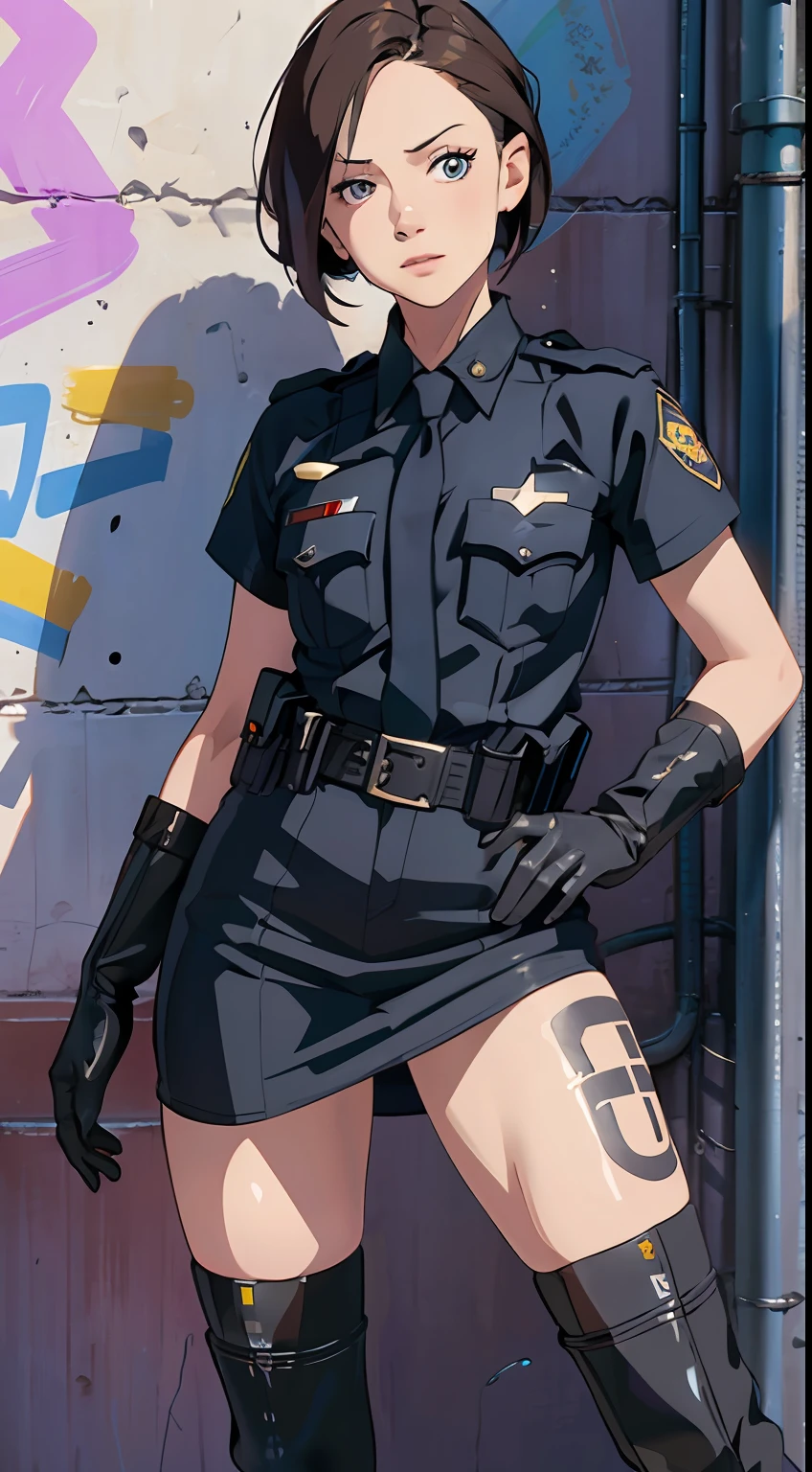 full body, combat boots,  very short hair, undercut haircut, angry winking,cute grimm ,police drive officer, (street man), ((dress black uniform)),no boobs, friendly winking, gloves, with straight and very short brown hair, fair skin, a tribal tattoo on the arm, black eyes, ((full body)), ((perfect face)),((perfect iris eyes)), supported on walls with graffiti art, image fashion photographic catalog, Social realism,  Realism, ray tracing, reflection light, high quality, high details, super detail, 8k, 16k, best quality,