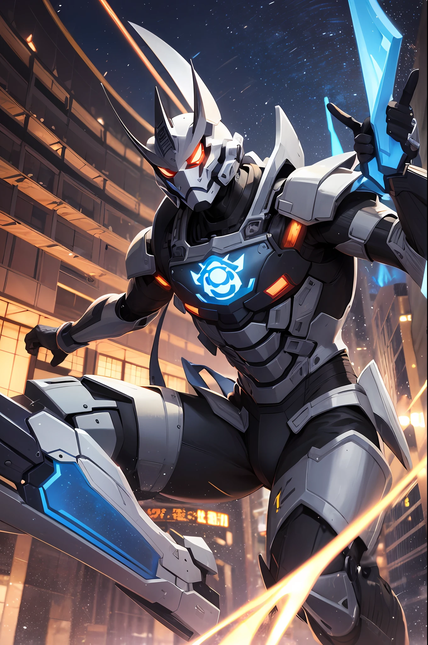 blue colored axe Swing down Hannya's Mask Blue Armor battle field male people Powered Suits mechs Japanese-style by night
