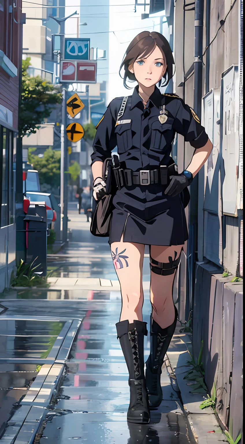 full body, combat boots, angry winking,cute grimm ,police drive officer, (street man), ((dress black uniform)),no boobs, friendly winking, gloves, with straight and very short brown hair, fair skin, a tribal tattoo on the arm, black eyes, ((full body)), ((perfect face)),((perfect iris eyes)), supported on walls with graffiti art, image fashion photographic catalog, Social realism, Realism, ray tracing, reflection light, high quality, high details, super detail, 8k, 16k, best quality,