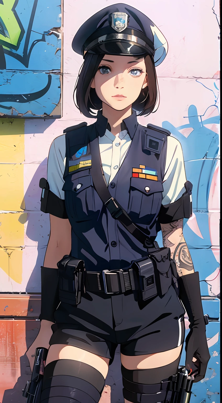 full body , head camera, vest damaged, damaged clothes, firearms, futuristic police officer,combat vest, hat, guandam police, (street man), ((dress black uniform)),no boobs, friendly winking, gloves, with straight and short brown hair, fair skin, a tribal tattoo on the arm, black eyes, ((full body)), ((perfect face)),((perfect iris eyes)), supported on walls with graffiti art, image fashion photographic catalog, Social realism, Realism, ray tracing, reflection light, high quality, high details, super detail, 8k, 16k, best quality