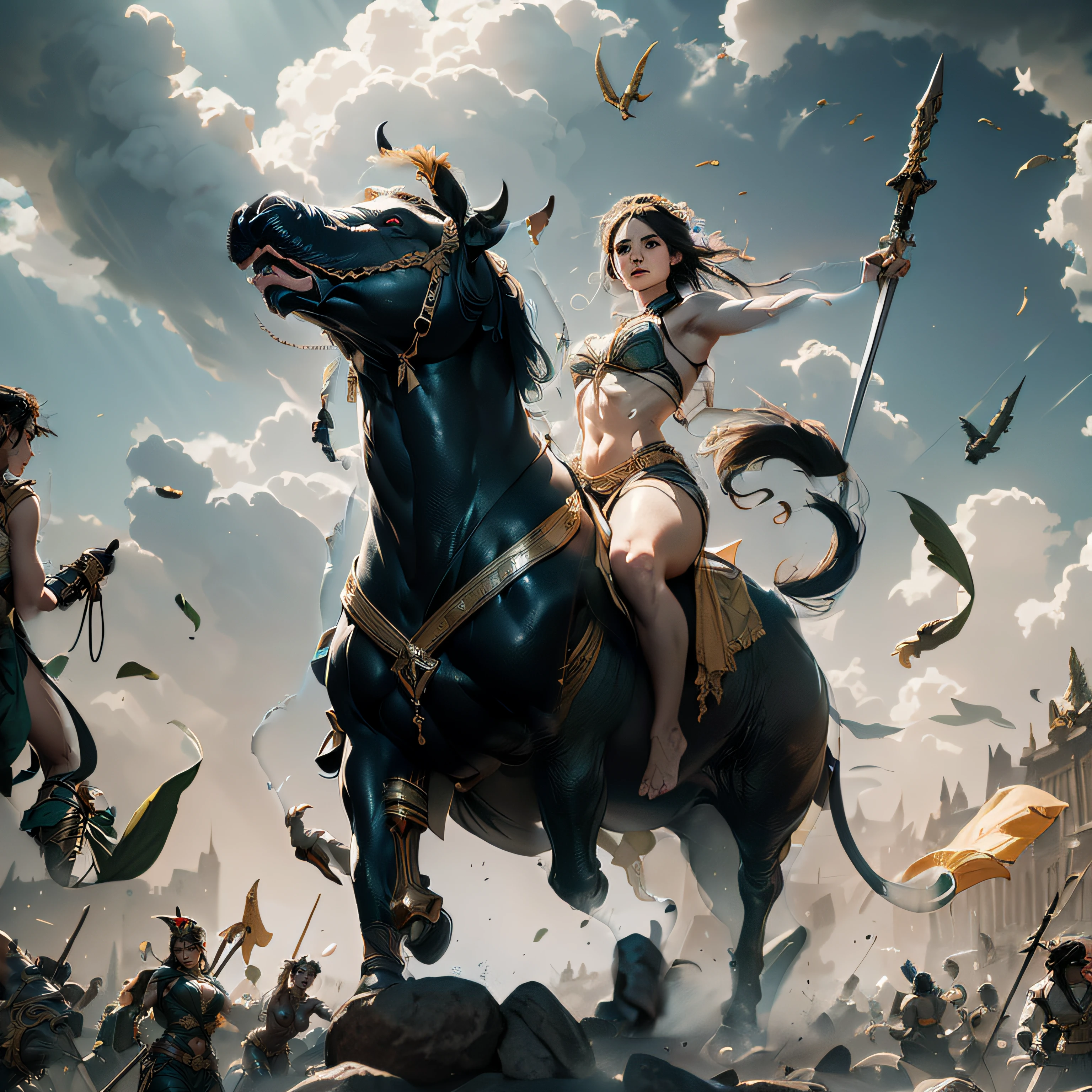 women Riding an giant elephant, painting of women and a elephant in a battle field, many soldiers outside, full body, stand, cinematic screen, soldiers run on field, fireting, combat, god ethereal, detailed, alluring succubus, ethereal beauty, perched on a cloud, (fantasy illustration:1.3), enchanting gaze, captivating pose, otherworldly charm, mystical sky, soft colors, (detailed cloudscape:1.3), (high-resolution:1.2), ((masterpiece)), (best quality), HDR, ((masterpiece)), (best quality), HDR, FEMME, Mirela Anton art Style, artistic, Soft color palette, windblown flowers, Sparkle, magical photography, Soft smooth lighting, Light background,[light smile], expressionless,On a vaIn this grand ancient battlefield, the ancient army engaged in intense combat with war chariots rushing forward and ancient warriors wielding swords and engaging in fierce battles. Blood splattered, weapons and armor were broken, and battle flags fluttered in the wind, symbolizing victory and glory. The war chariots charged forward, causing the ground to shake and metal sounds to ring out like thunder, stirring the enthusiasm of the warriors.The entire battlefield was filled with swords, blood, and flesh flying around. The warriors fought with all their might, exchanging their lives and blood for the victory of this war. The dust and smoke on the ground spread, and with each sword and explosion, the entire battlefield became even more majestic. However, the cost of the war was tragic, with countless soldiers falling on the battlefield, and their sacrifice was etched into the glorious history of the nation. hdr, (photorealism, masterpiece quality, best quality),