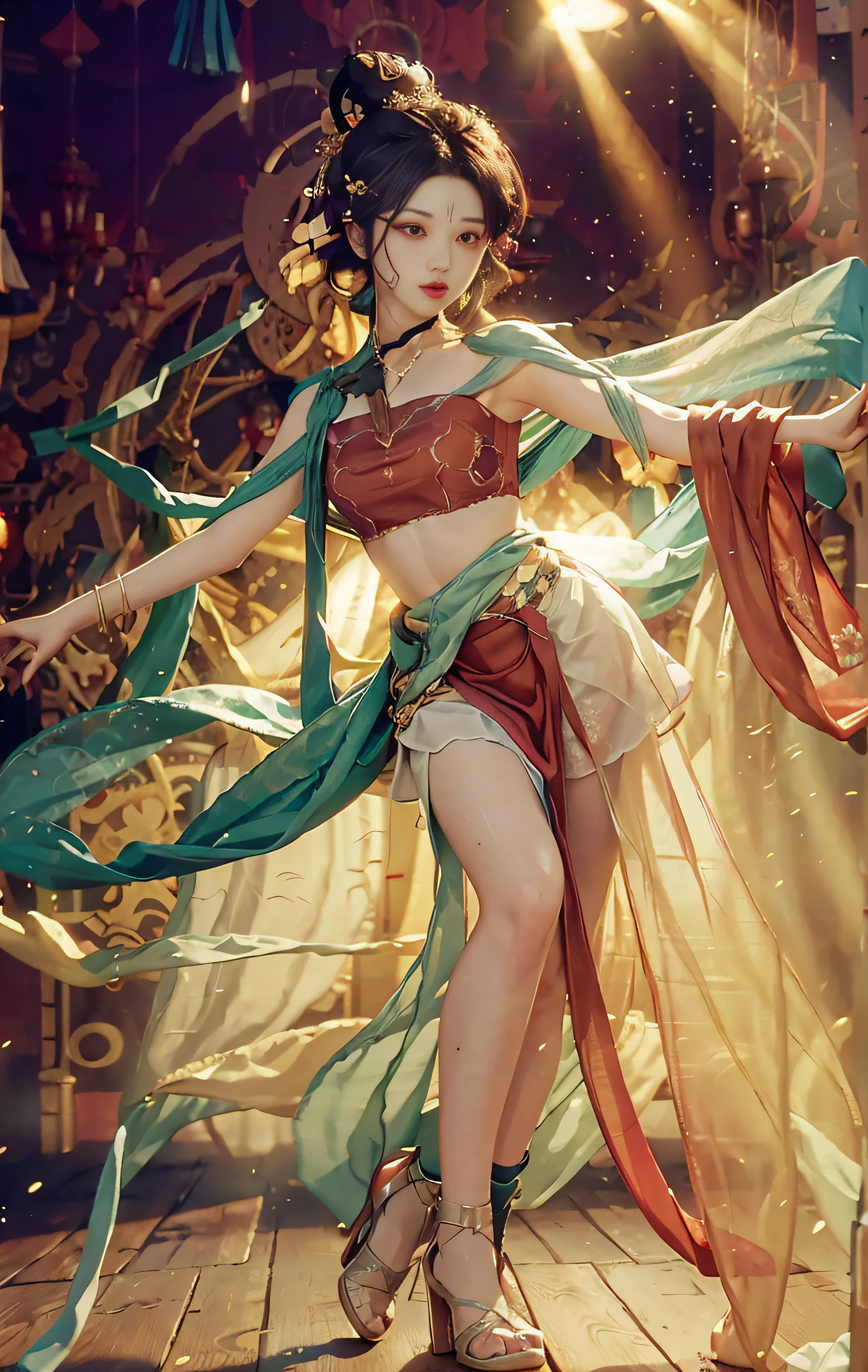 CG Unity 8K wallpapers have the highest quality details,National treasure RAW photo,真实感:1.3,dynamic angle,short-cut hair,Under a thin fabric miniskirt:1.2,cinamtic lighting,lens halo,luxury room,Meticulous details,Full body photo,Dancing
