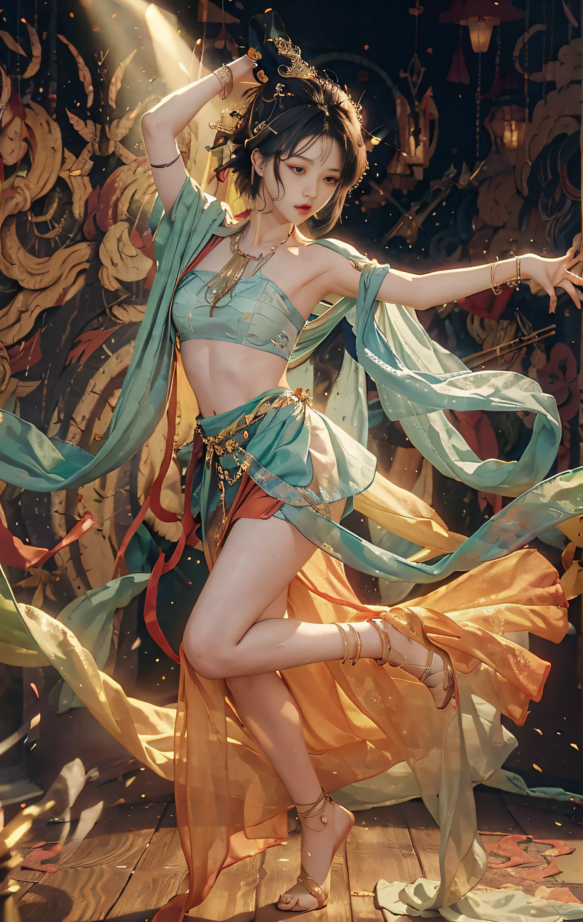 CG Unity 8K wallpapers have the highest quality details,National treasure RAW photo,真实感:1.3,dynamic angle,short-cut hair,Under a thin fabric miniskirt:1.2,cinamtic lighting,lens halo,luxury room,Meticulous details,Full body photo,Dancing