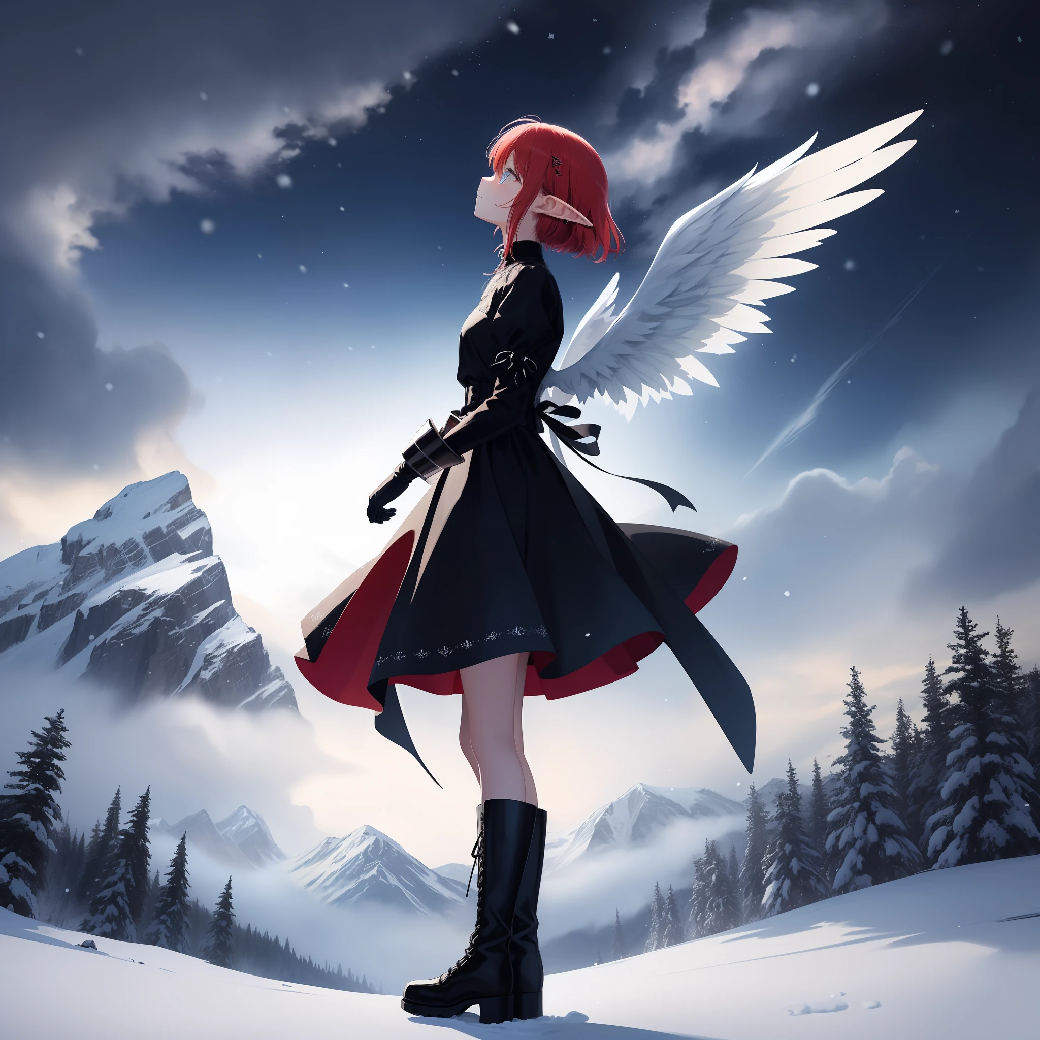 (巨作), (look_on a_tooth_sky) (looking_up),  (the best quality), (Ultra-detailed), (Best Illustration), looking_up, looking at the sky, al fresco, standing, complete body, Model, 1girls, Solo, ex-pression face, (sideview), from_side, (white wings of energy), tiny_tits, large wings, wings at the back, pointy_ears, red_head, (Short_cut), black long sleeve blouse with small white ribbon on the chest, Black dress, black grunge skirt with stripes, (Medieval Knight Gothic Style Gauntlets Function Gloves), (medieval knight style metal boots), odd eyes, Blue_eyes, Yellow_eyes, (アニメ), best_vaginal, detailed_backgrounds, milk galaxy, night sky, snowing, storm, mountains, (sombre), (red_head), medium_head, black_head, wind_effect, Short_cut