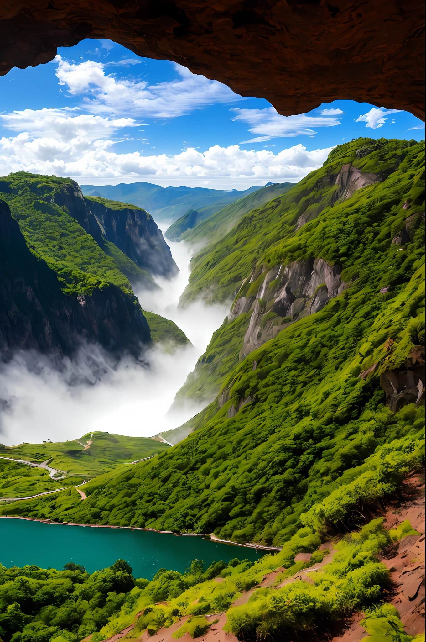 Masterpiece, ultimate quality, Cg unity 8k wallpaper, super delicate, beautiful sky and clouds, rich natural scenery, cliffs, lakes and rivers, waterfalls and flying water, beautiful green mountains, no trace of people, excellent scenery, has already won a photo contest, background Blurring, full depth of field, HDR high dynamics, true restoration, intricate, extreme details, dramatic presentation, perfectly presenting the style of midjourney art.
