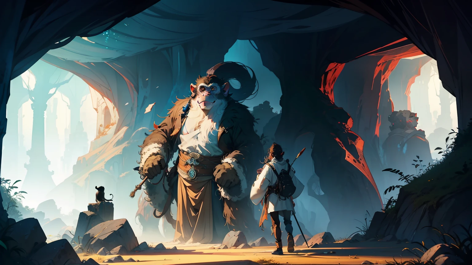 In the cave,The big robust monkey was talking happily,In the background is a cave,Ancient wind,Beautiful CG quality,Clear and detailed description,Hearty shots,Rich and superb local details,Intoxicating light and shadow effects,Beautiful and beautiful overall atmosphere