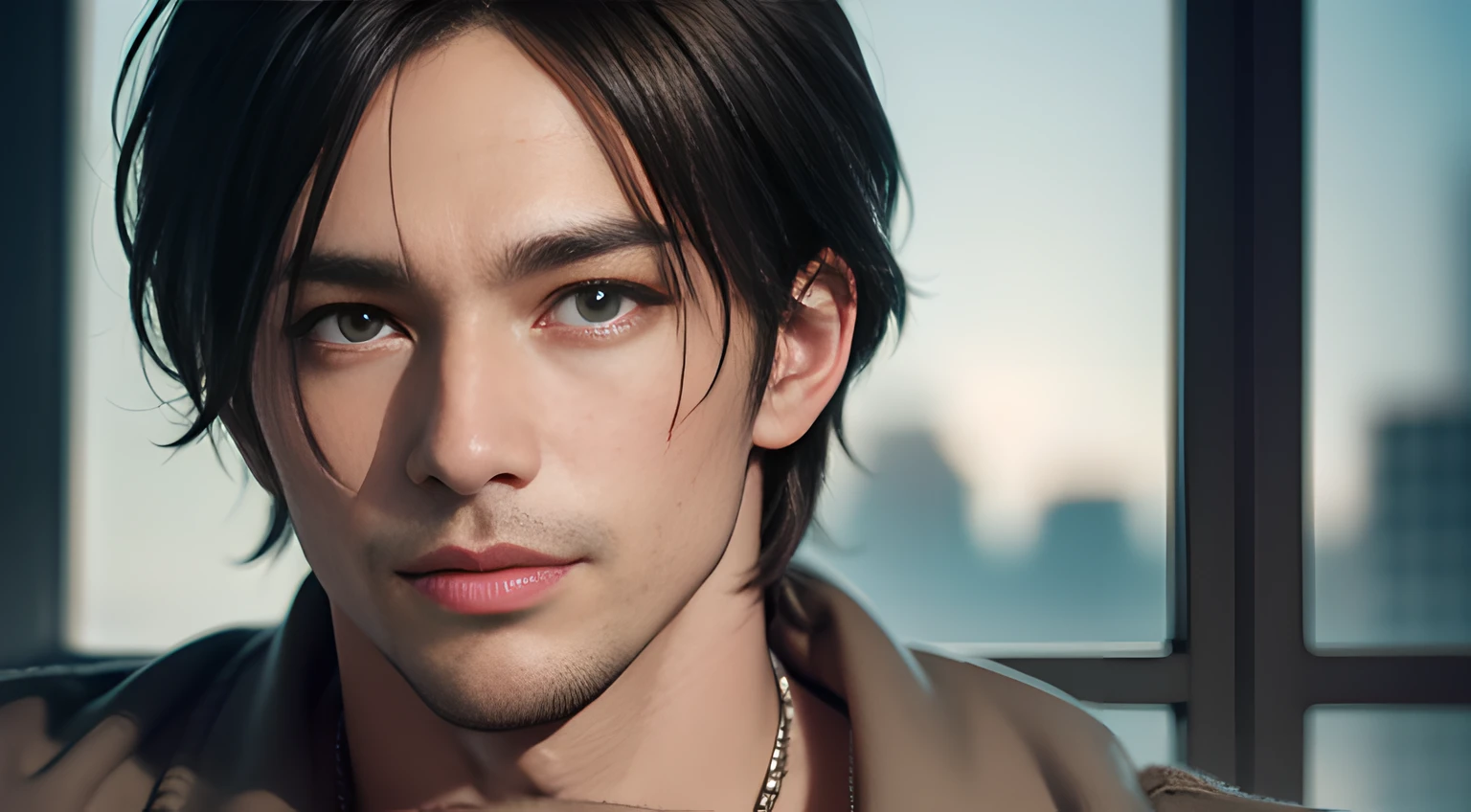 (head shot), (one male gay handsome muscular man in their 30s), He resembles Leon Kennedy from Resident Evil, Tall, athletic build, short brown hair, piercing blue eyes, chiseled jawline, and a rugged yet handsome appearance, Mischievous smile, (small details: 1 in 1), natural muscles, HIG quality, beautifuleyes, (Detailed face and eyes), (Face、: 1 / 2), noise, real photograph、... ........................PSD, Sharp Focus, High resolution 8K, Realstic & Professional Photography, 8K UHD, Soft lighting, High quality, Film grain, FUJI XT3